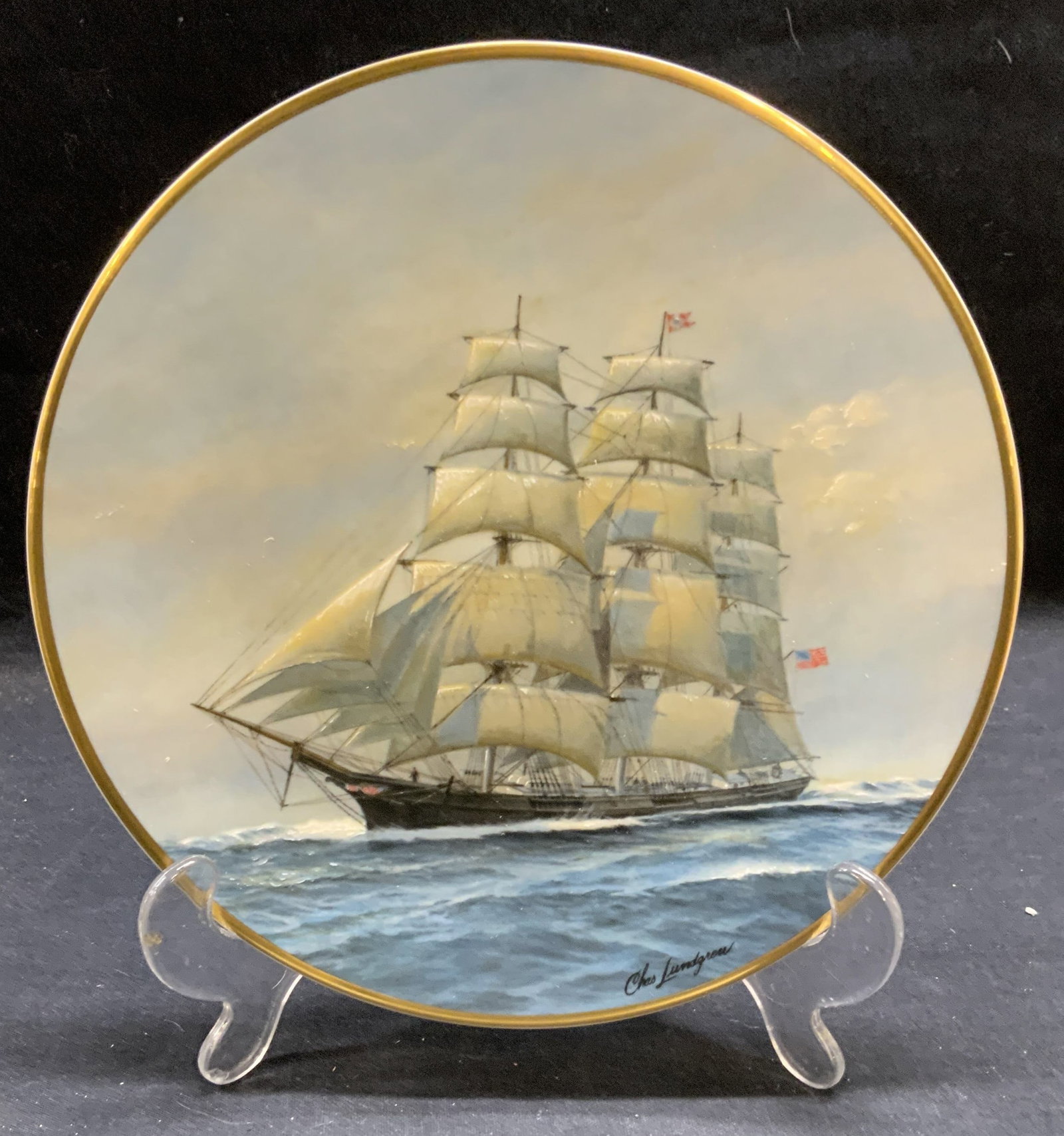 Fleetwood Collection Golden Age of Sail Plate: Fleetwood Collection Golden Age of Sail series porcelain plate. Young America, artwork by Charles Lundgren. Trademarked and numbered to underside. Measures approx. 8.25 inches diameter. Includes certi