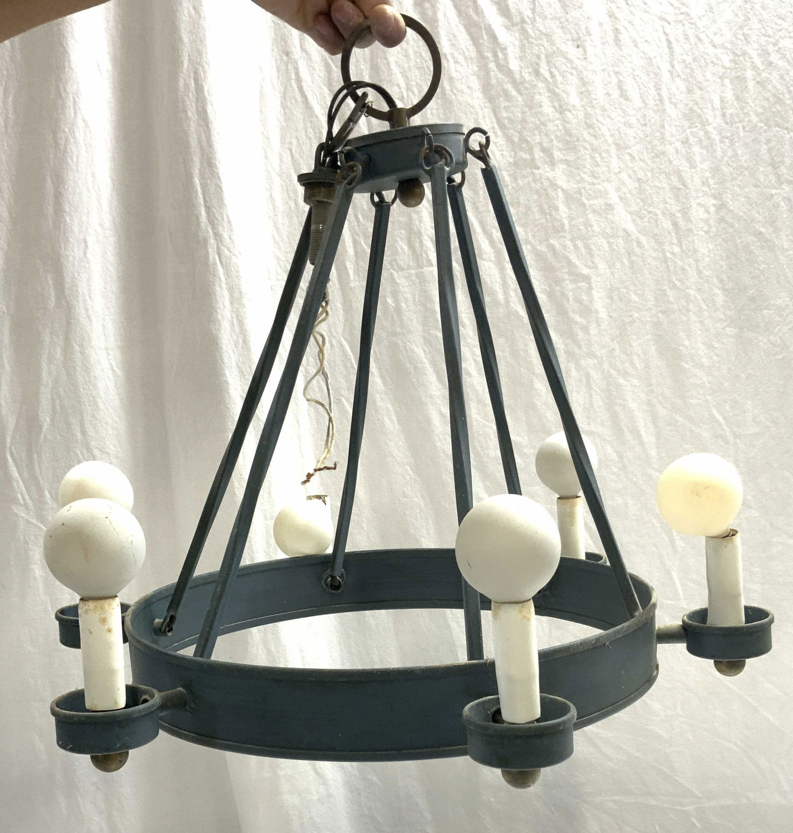 Toleware Metal 6 Arm Chandelier ITALY: Tag reads MADE IN ITALY. Chandelier is turquoise toned. Piece is toleware. Chandelier has 6 arms each with candlestick style bulb sockets. Top of piece has loop to hang. Piece measures approximately 1