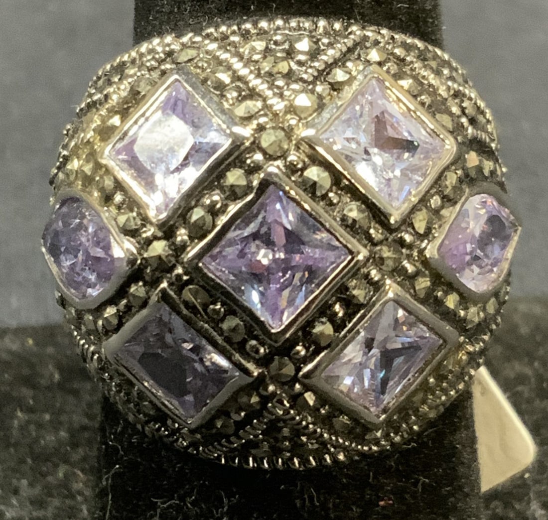 Silver Plated Marcasite Purple Crystal Ring (1 of 6)