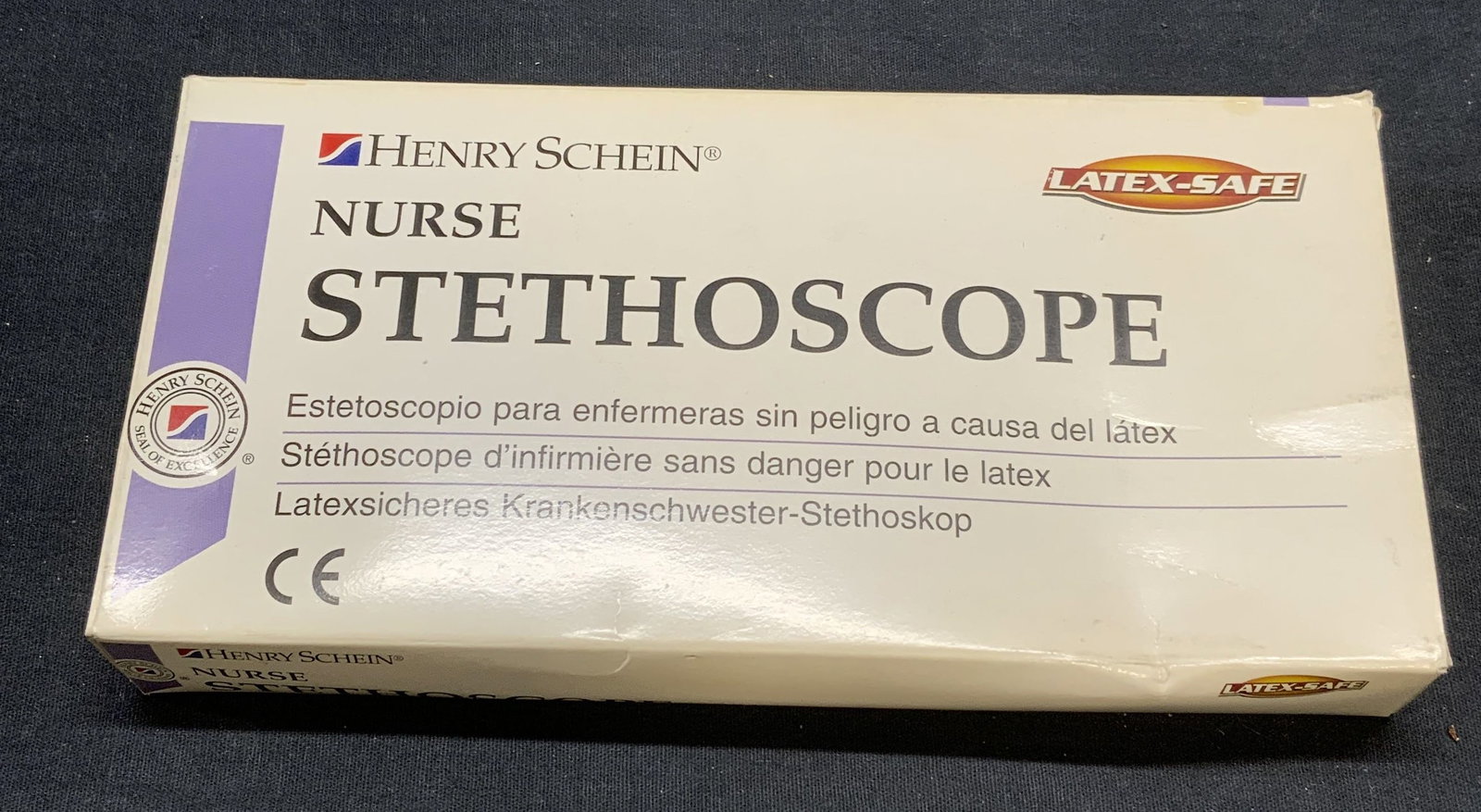 Henry Schein Nurse Stethoscope NIB: Henry Schein Nurse Stethoscope. Plastic and metal. New in box. Some wear to box consistent with exposure. Box measures approx 4 1/4 in by 8 1/2 in by 1 1/8 in. Henry Schein, Henry Schein stethoscope, 