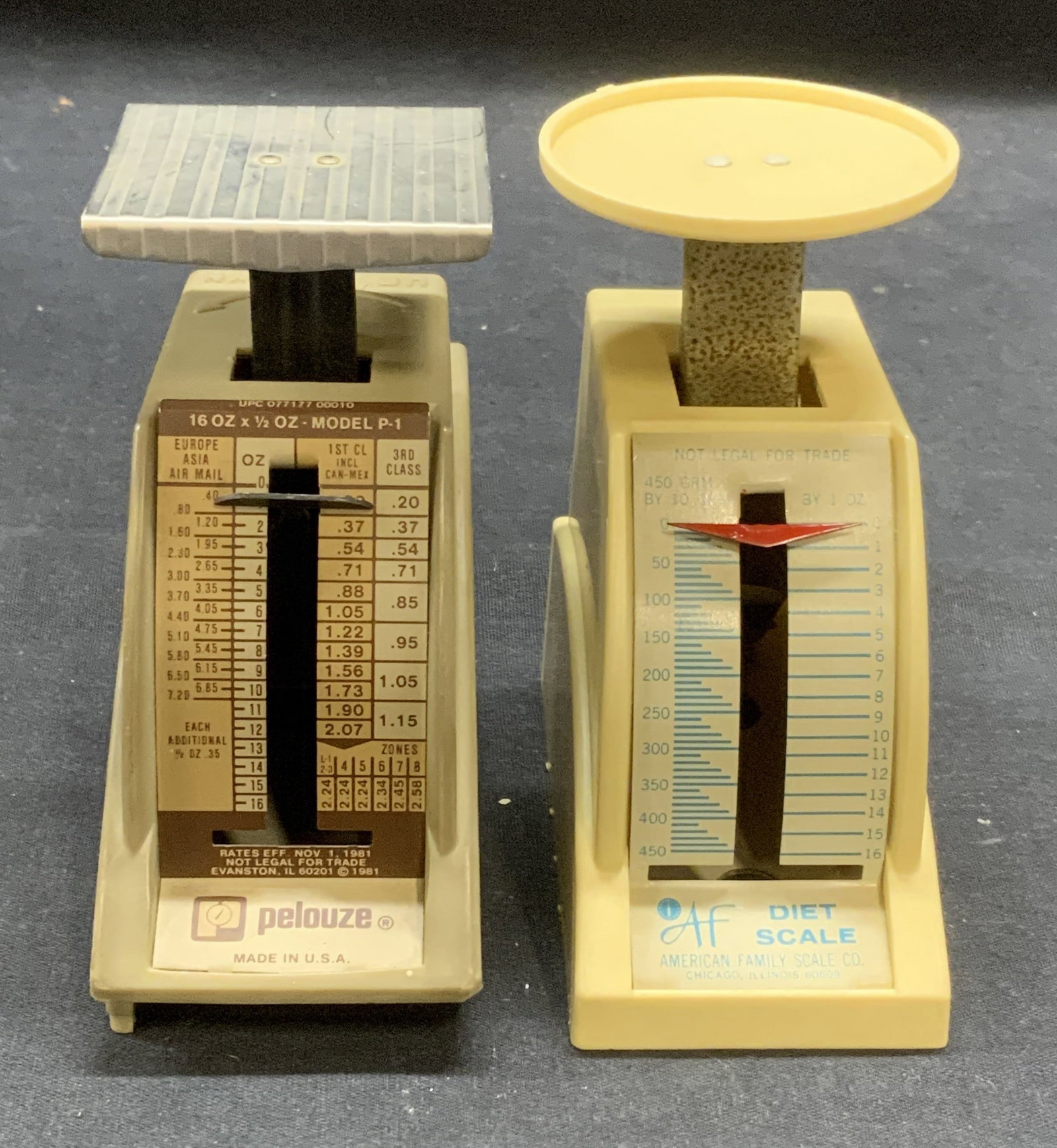 Lot 2 Vtg Diet Scales, American Family & Pelouze: Lot of 2 vintage diet scales. One piece trademarked American Family Scale Co and one piece trademarked Pelouze. Composed of plastic and metal. Measurements vary slightly, approx. 4 x 2 x 4 inches. Som