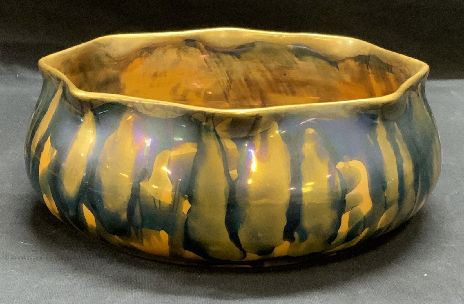 Vintage TK Czechoslovakia Porcelain Lustre Bowl: Vintage TK Czechoslovakia porcelain lustreware bowl in blue and yellow with gilt decoration. Trademarked to underside. Some surface wear consistent with exposure. Measures approx. 7.5 x 2.75 inches. -