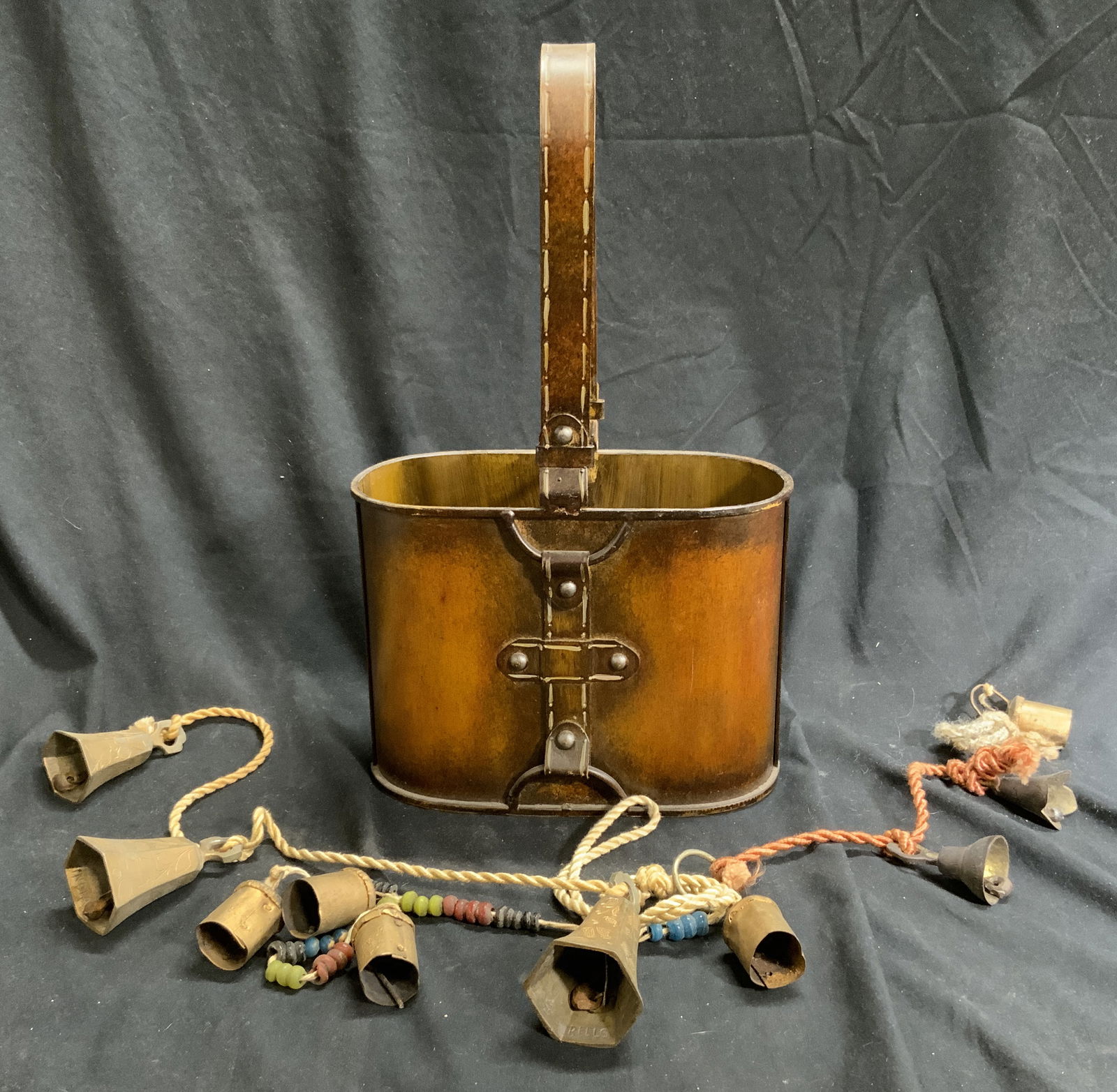 Group Lot Vintage Metal Basket & Bells On Rope (1 of 8)