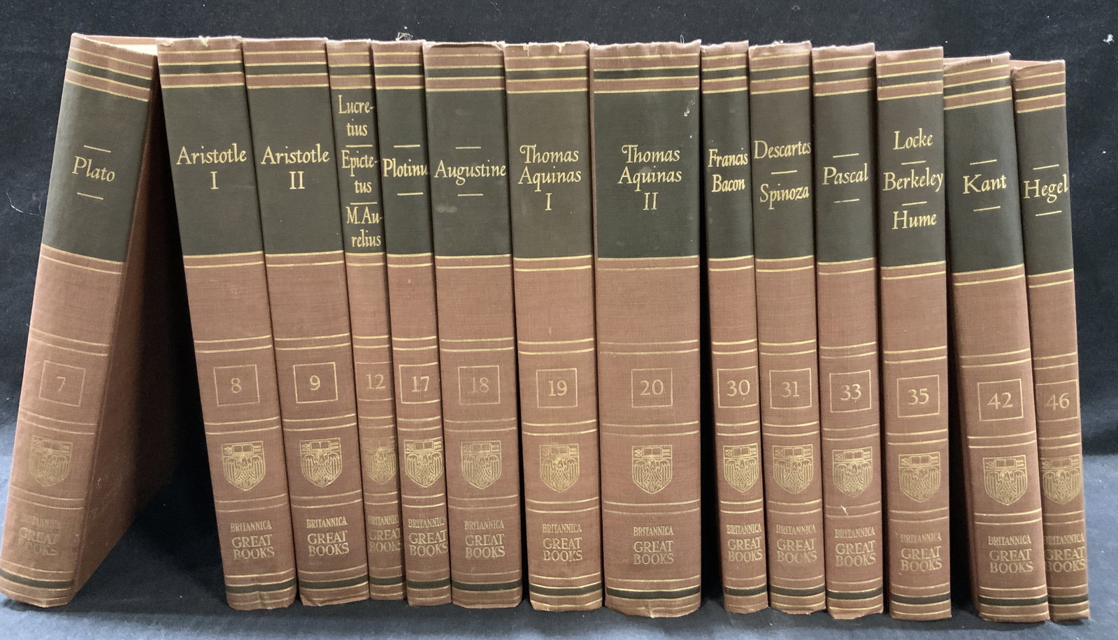 Lot 14 Britannica Great Books, 1952 Plato & More: Lot of 14 books. All published by Britannica great books. All printed in America, and copyright 1952. Volumes 7-9, 12, 17-20, 30, 32,33 & 35, 42 and 46. Stories such as Plato, Aristotle 1&2. Francis B