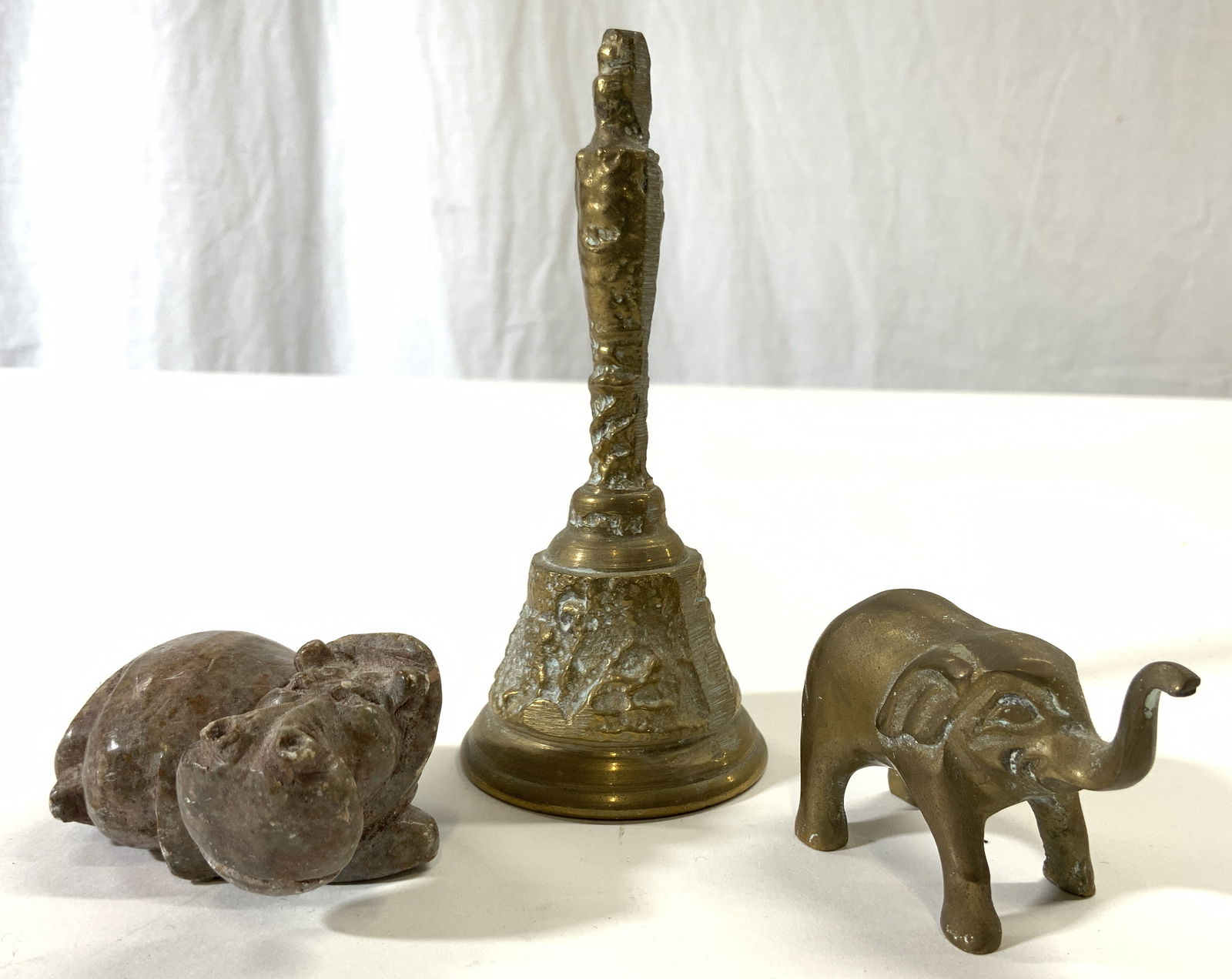 Lot 3 Gilt Metal Bell Elephant & Stone Hippo, Bell (1 of 7)
