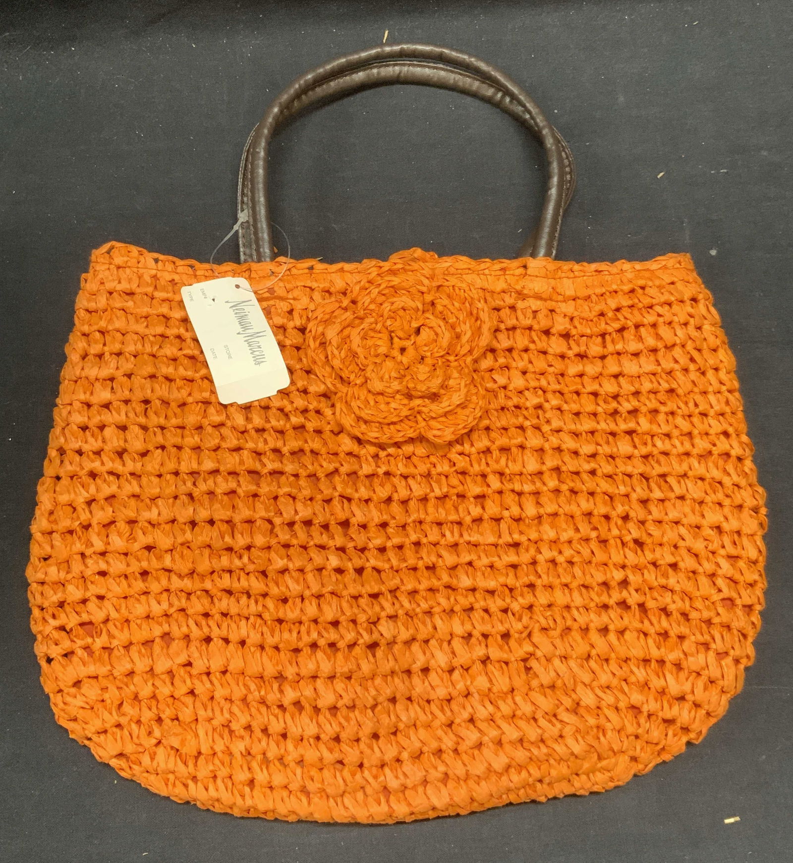 Neiman Marcus Orange Straw Flower Handbag NWT (1 of 6)