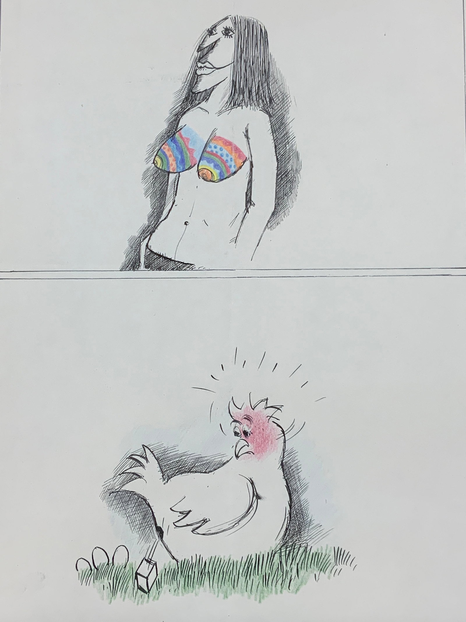 Joachim KUPKE Sgd Easter Comic Illustration: Marked on upper margin in German, To Gwen & Gene, Happy Easter, wishes Joachim KUPKE. Depicts a shirtless woman with her breast painted as Easter eggs and a chicken laying a cube. No frame. Approx 19 