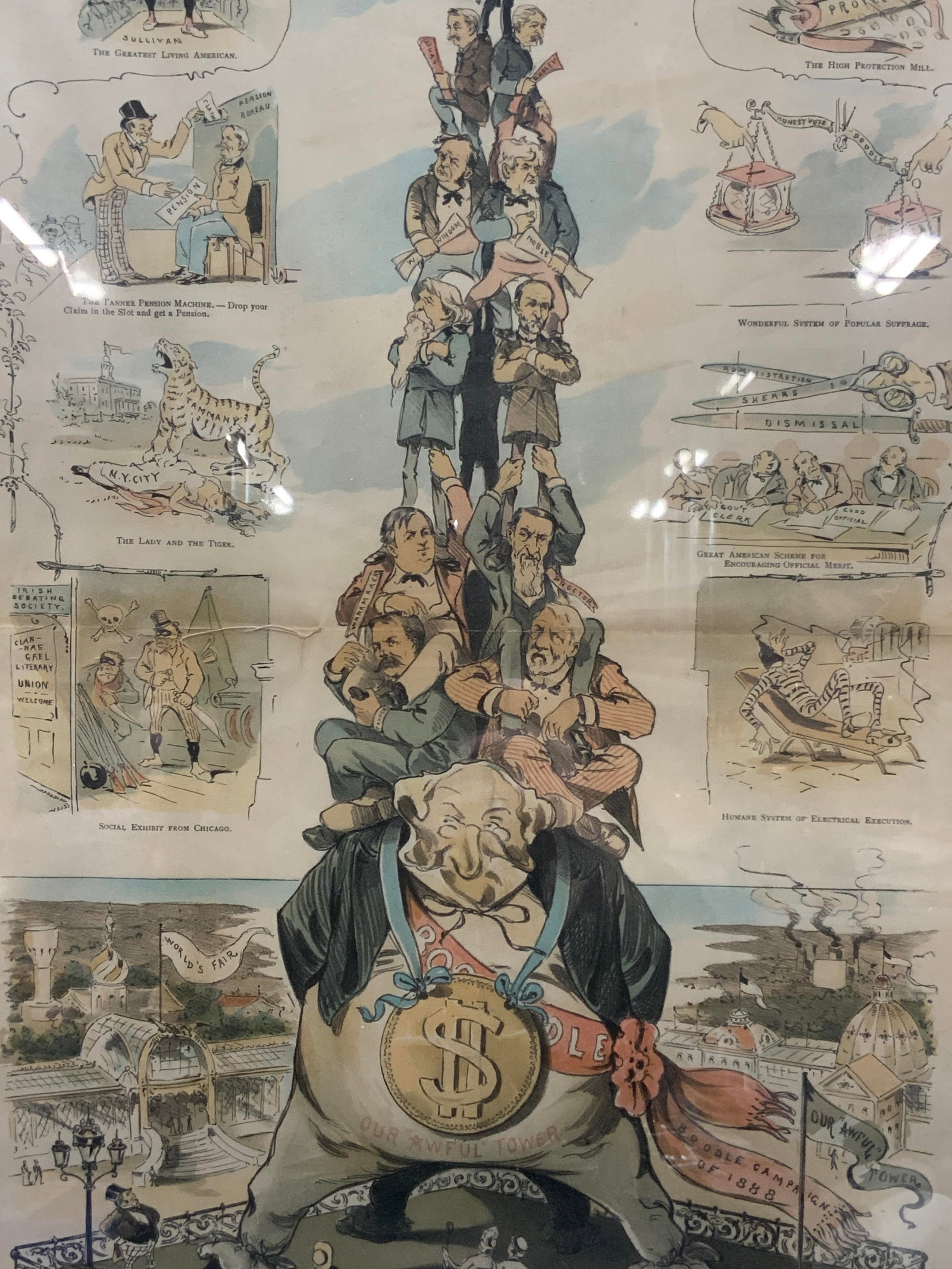 Puck World Fair Antq Political Illustration: Marked Puck on upper margin and lower reads Puck contributes an Eiffel Tower and a few other exhibits to the proposed Worlds Fair. Depicts a tower of men with the base man marked the Boodle campaign o