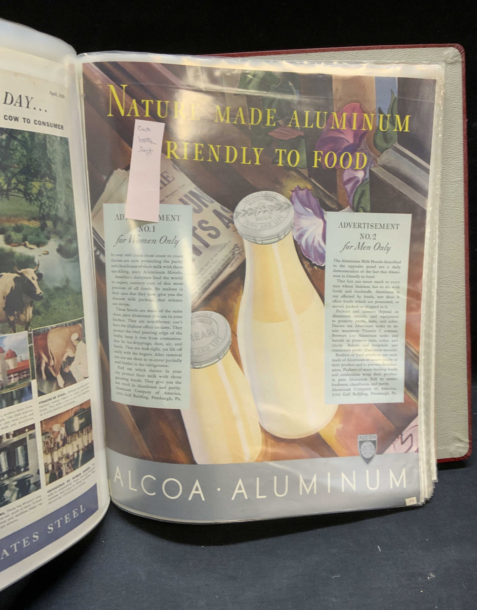 Group Lot Vintage & Antique Dairy Advert Ephemera: Group lot of 50+ pieces printed dairy/milk advertisements and ephemera. Includes red leather binder with screen protectors. Lot includes advertisements, newspaper articles, entertainment ephemera, and