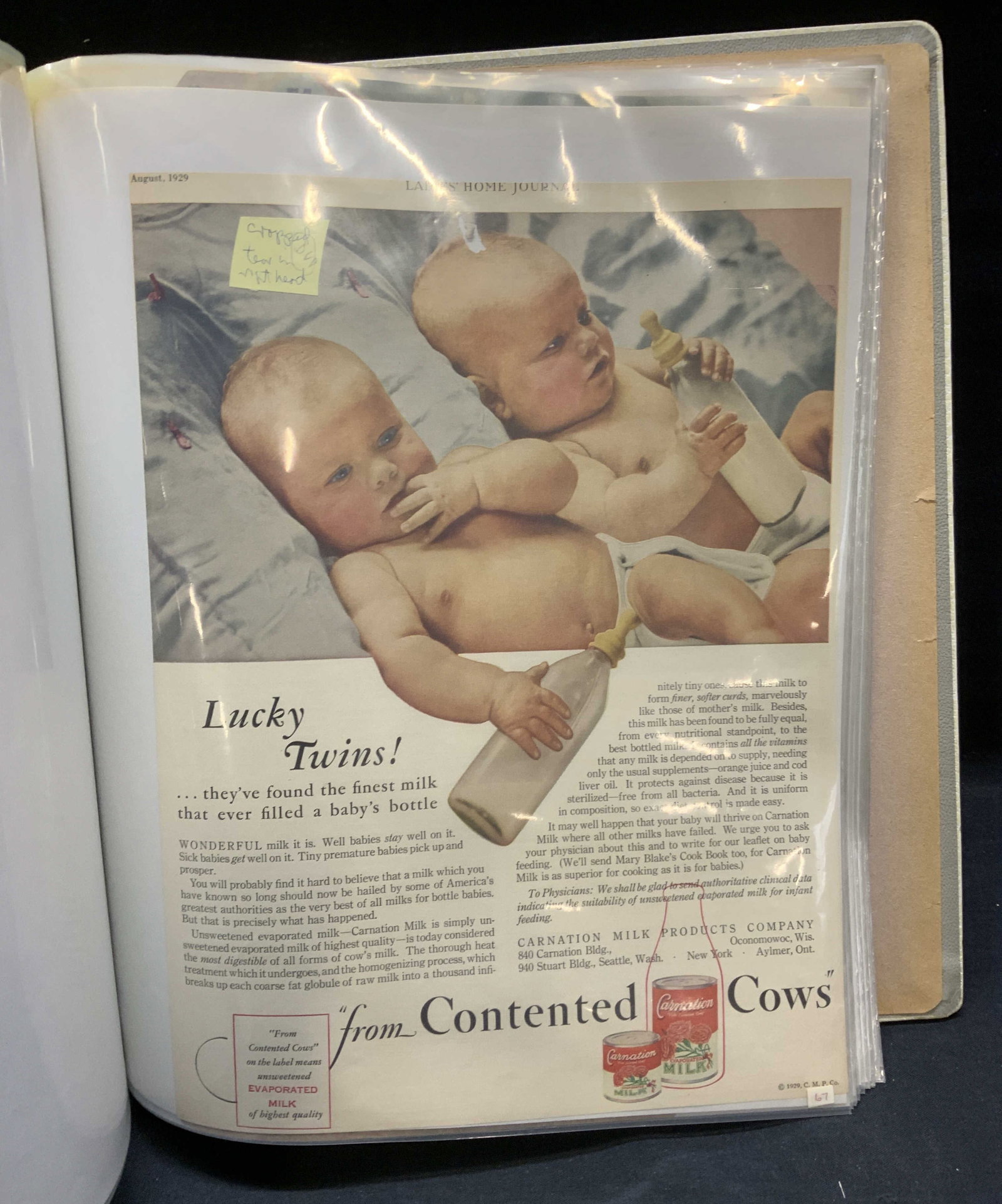 Group Lot Vintage & Antique Dairy Advert Ephemera: Group lot of 50+ pieces printed dairy/milk advertisements and ephemera. Includes white leather binder with screen protectors. Lot includes advertisements, newspaper articles, entertainment ephemera, a