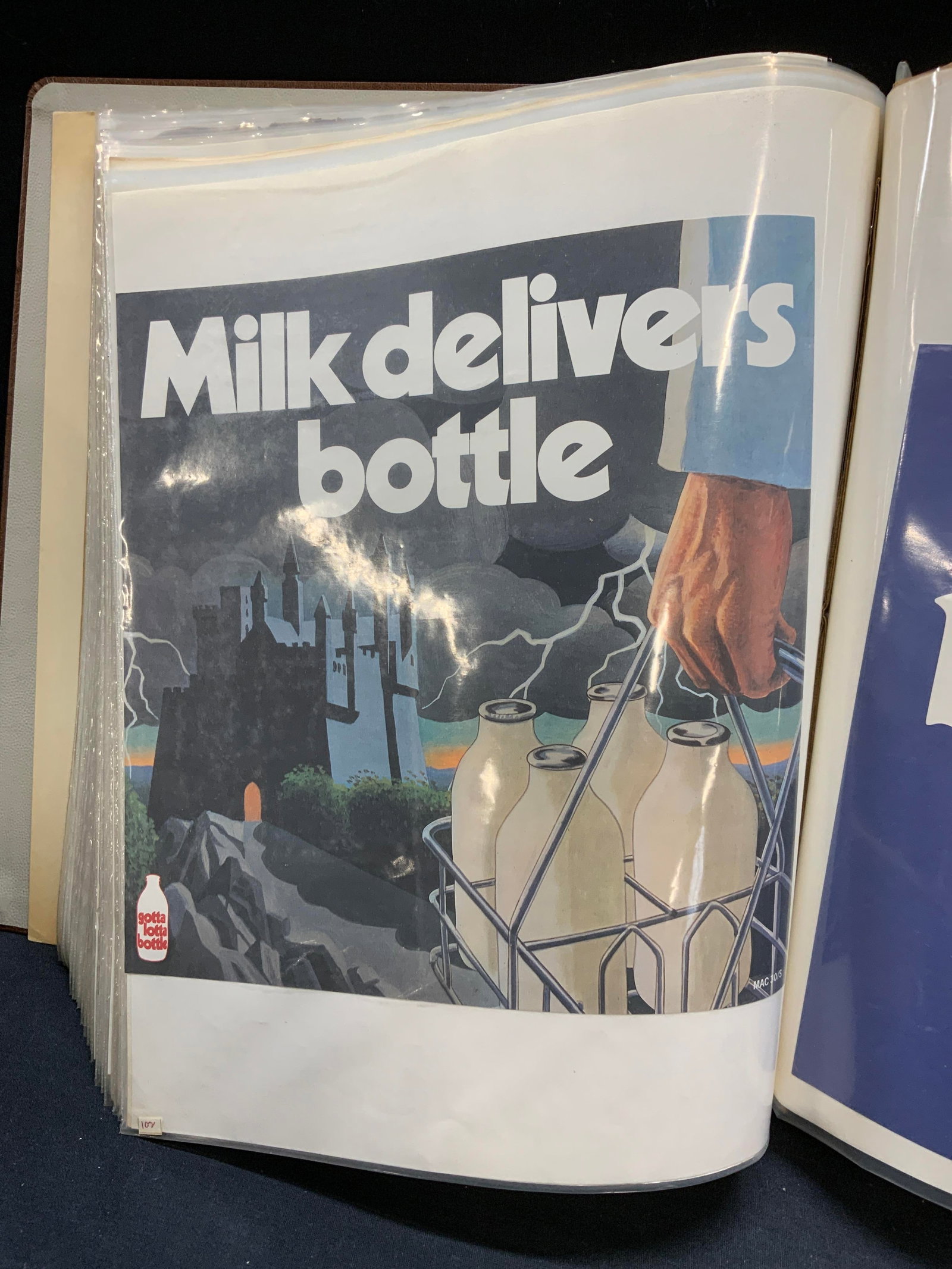Group Lot Vintage & Antique Dairy Advert Ephemera: Group lot of 50+ pieces printed dairy/milk advertisements and ephemera. Includes brown leather binder with screen protectors. Lot includes advertisements, newspaper articles, eland written receipts, a