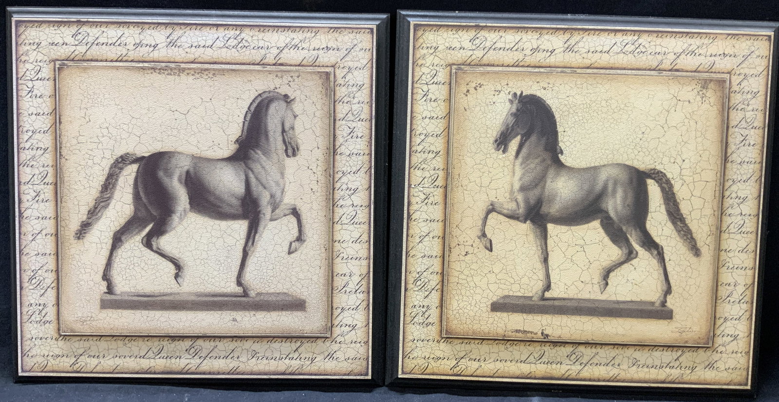 Pr Sid Dickens Horse Lithos On Plaster: Pair of lithos on plaster framing, depicting two statues of horses. Marked on backside Sid dickens. No frames. Approx,13.25 x 13.25 inches Moderate wearing to edges of lithos and back boards. Sid dick