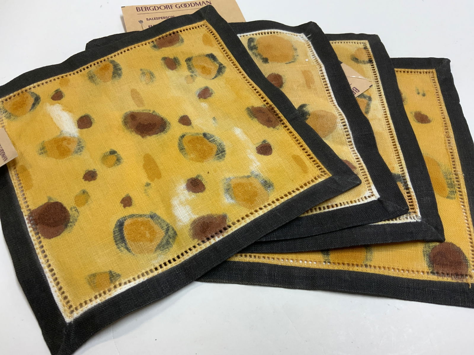 Set 4 Liz Wain Hand Paint Linen Napkins, NWT: Hand painted cocktail napkins, square 5.75 x 5.75 in. Animal print, 100% linen. Bought at BERGDORF GOODMAN. Org tags attached. New old stock. Peel Label on one napkin reads Liz Wain Hand painted Cockt