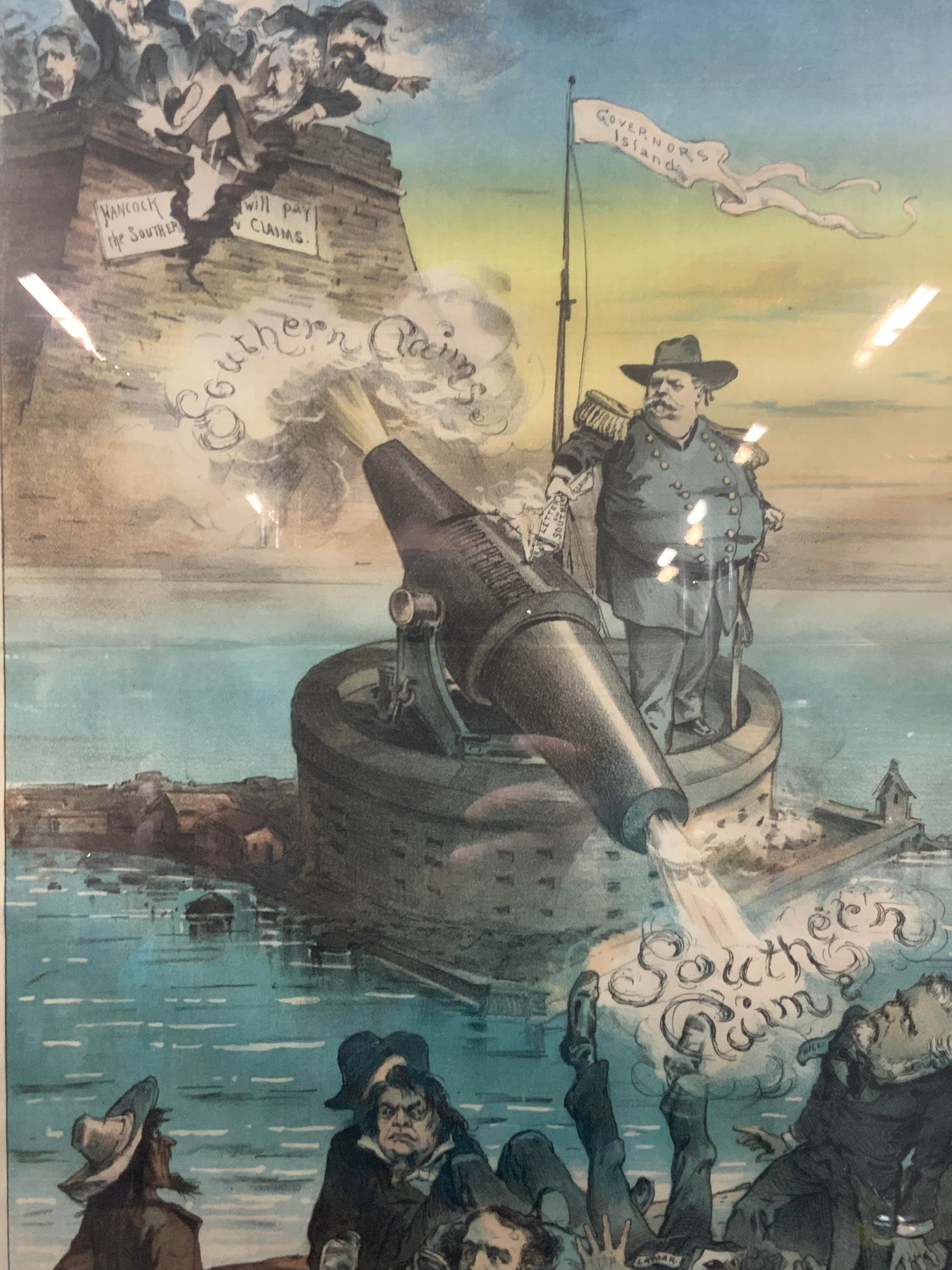 Puck Magazine Antq Political Illustration: Marked puck on upper margin. Reads General Hancock private back action book, the governors island gun settles the southern claimants and the northern agitators. Depicts the Governor in a center island