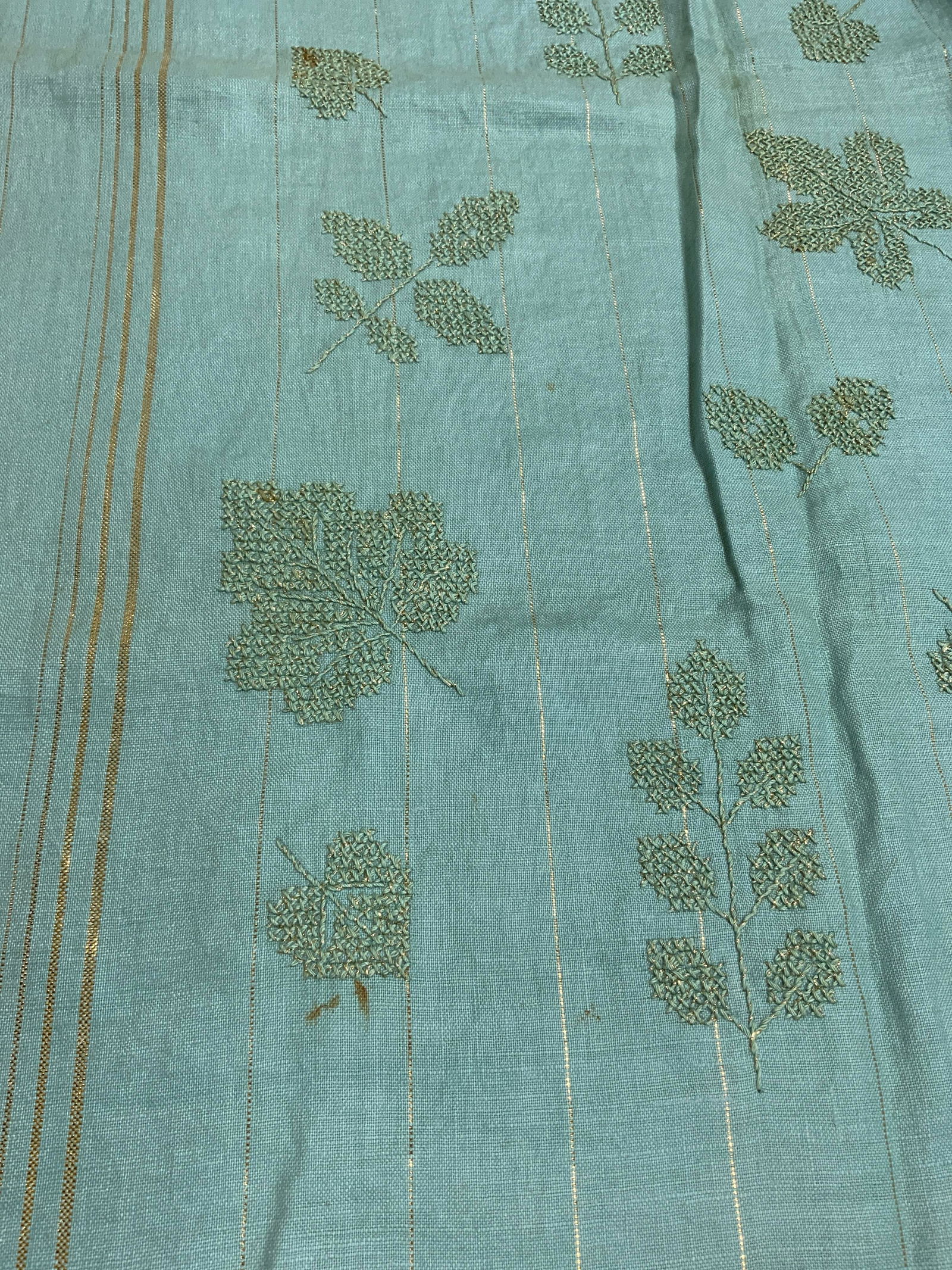 Vintage Aqua Linen Cross Stitch Tablecloth (1 of 9)