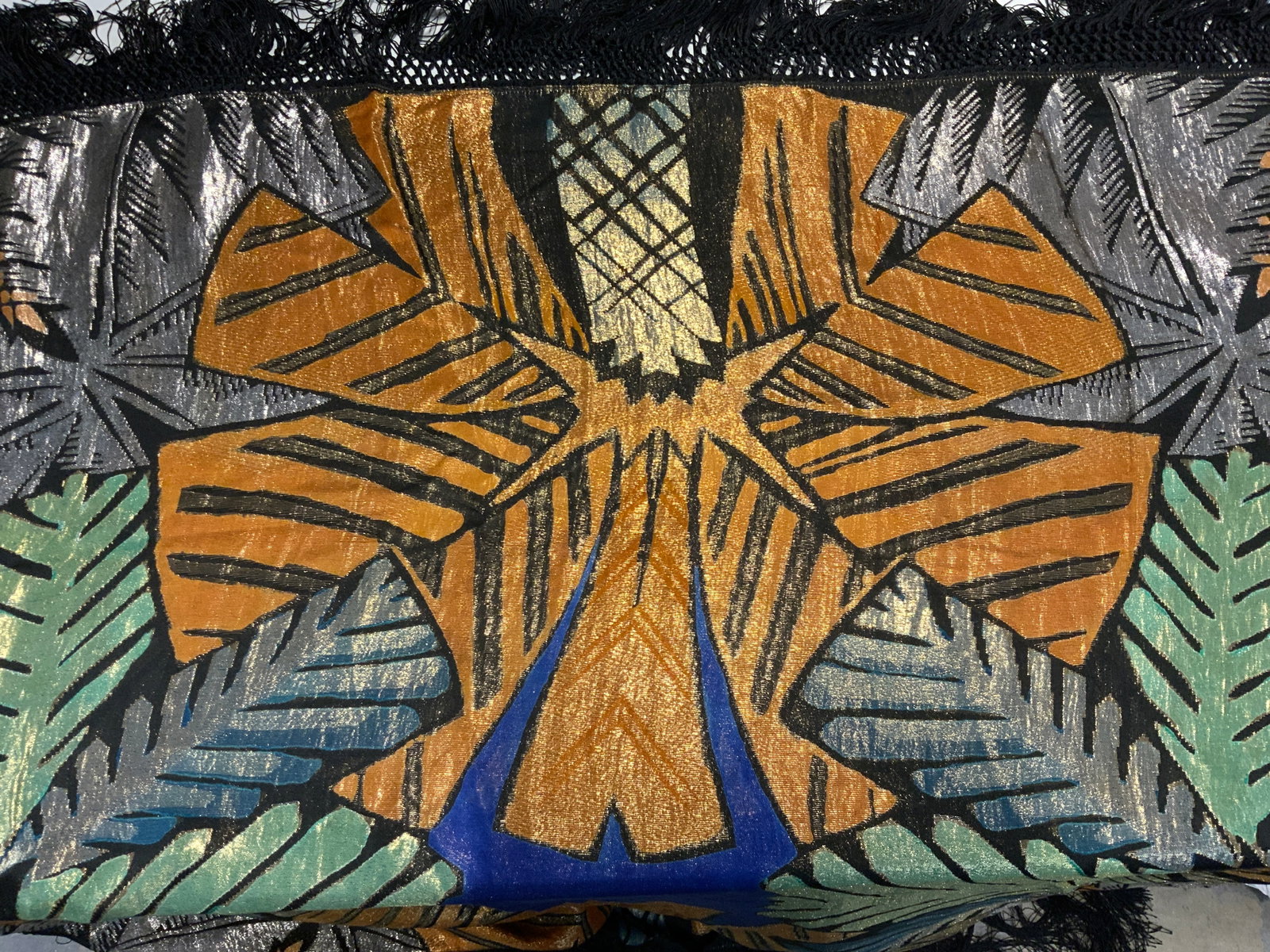 Flamenco Style Tassel Shawl w Metallic Leaf: Embroidered large metallic jungle leaf pattern shawl, Oversize square size with 10.5 in long tassels . Fabric is 51 x 51 in. Property of Manhattan Estates and Fashion industry executive Flamenco style