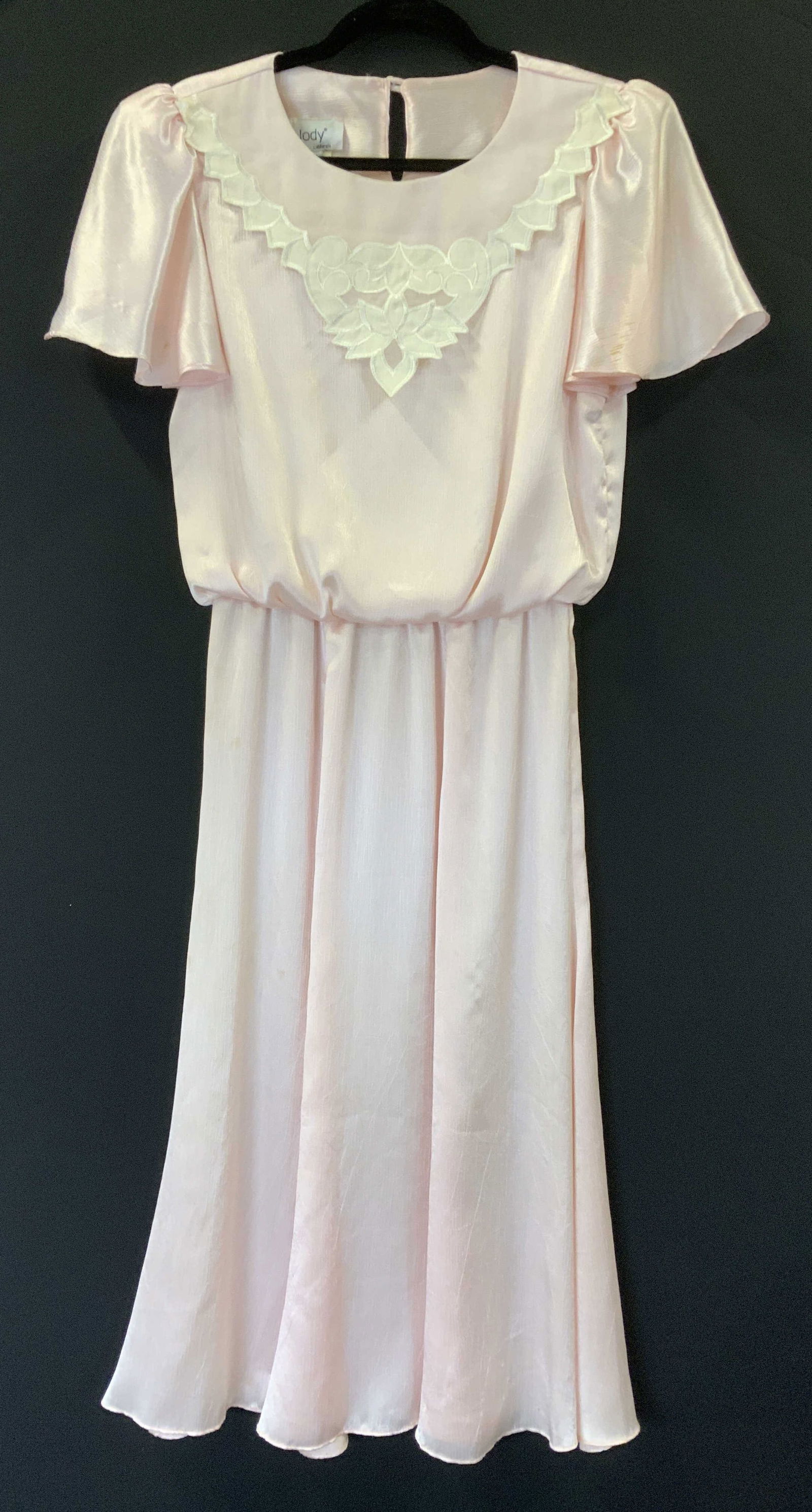 JODY Vintage 1980s Stretch Waist Pink Dress, USA: Vintage dress with short sleeves, stretch waist and over flap collar. 49 in. Long. Vintage size 9/10. Made in USA. Label Jody California. Light blemishes. Shiny polyester fabric. Pink short sleeve Dre