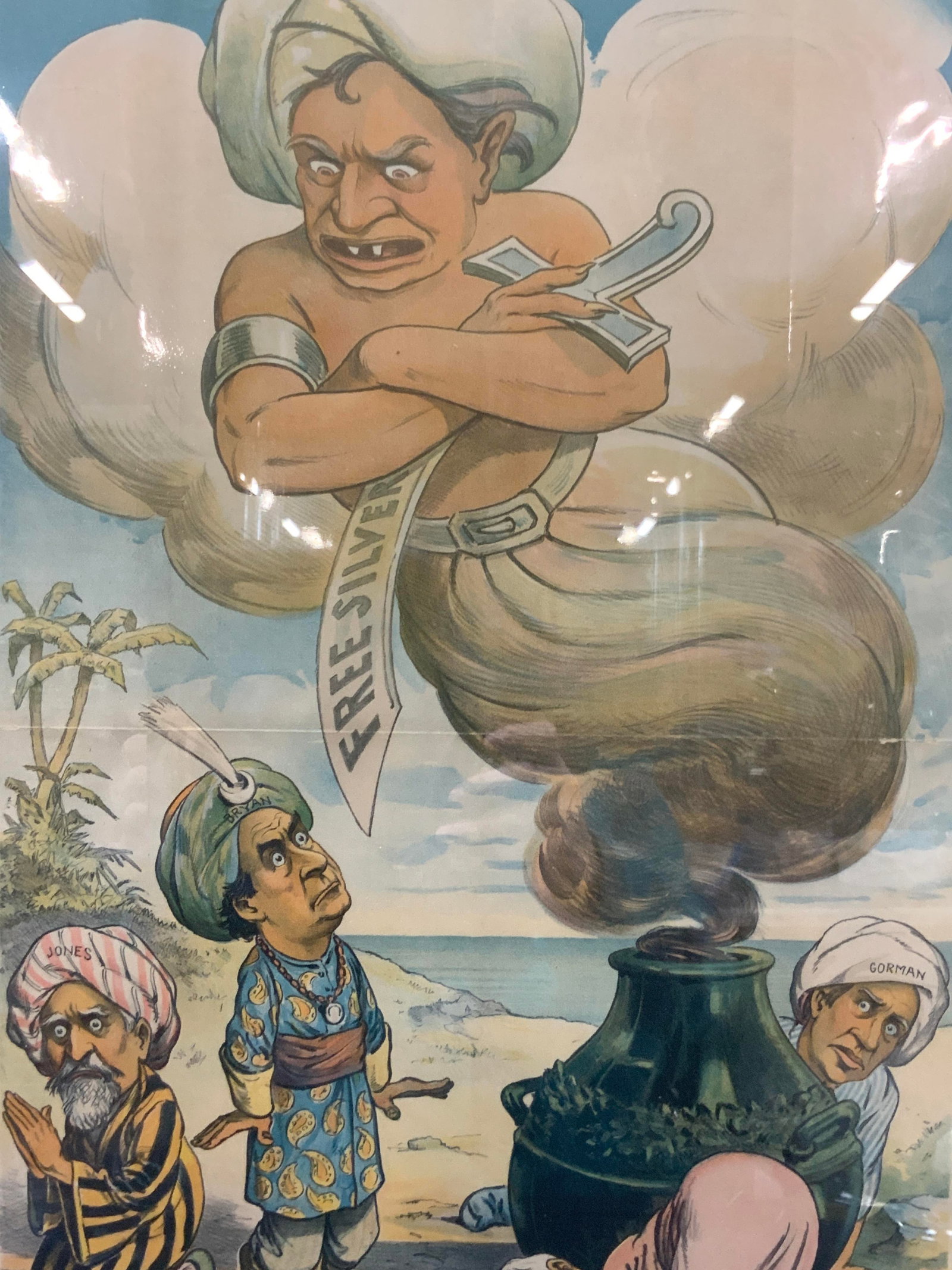 Puck 1899 Democracys Plight Political Cartoon: Marked Puck, Reads Democracys Plight. Marked Ottoman Litho. by Keppler & Schwartzman. Depicts genie marked Free silver coming out of a jar with Bryan, Jones, Vest and Gorman inspecting the jar. Framed