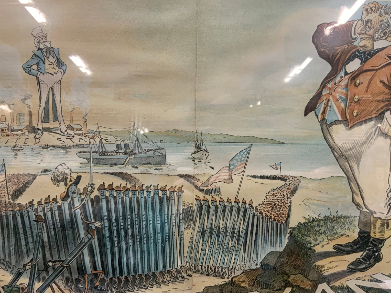 Puck 1897 British Depot Political Cartoon: Marked Puck, copyright 1897 Reads The British Depot Beaten Again, the invasion of England by the great American street rail army. Depicting John Bull standing on England watching as American troops ar