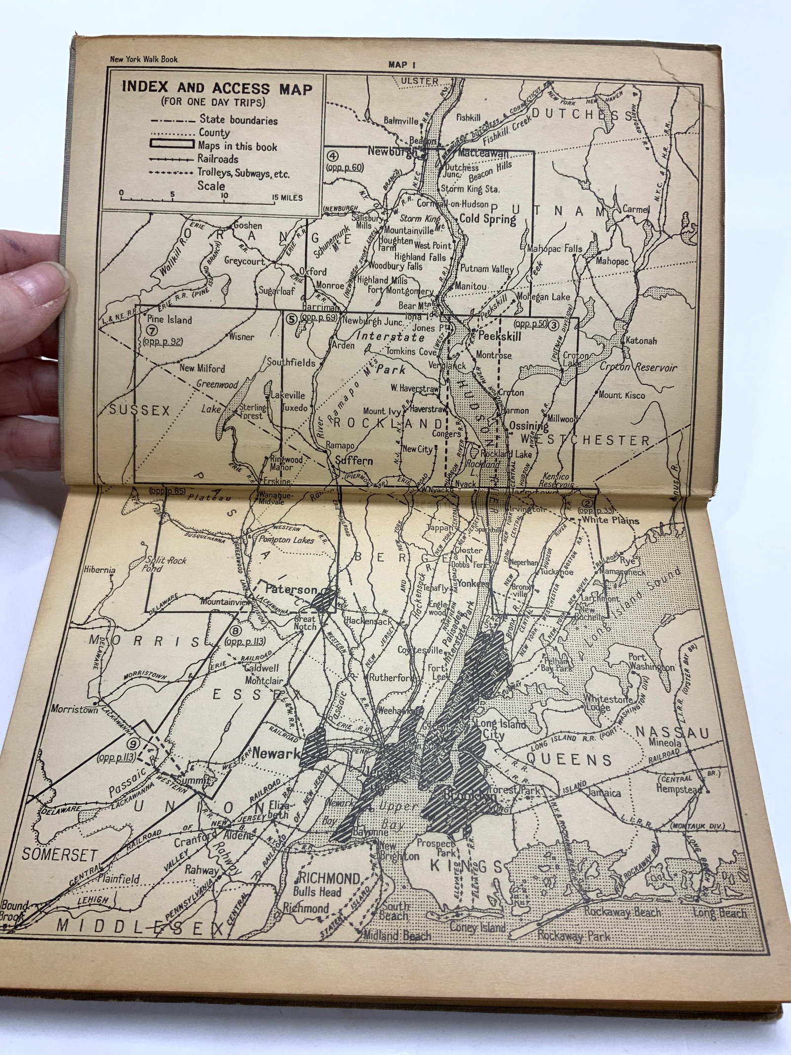 New York Walk Book, Illust. Amer Geo Society, 1923: Antique Map and trail soft cover book, illustrated with maps , topography in color and in black and white. Westchester, Rockland , Nassau counties,Manhattan, Bronx, up state NY and northern New Jersey