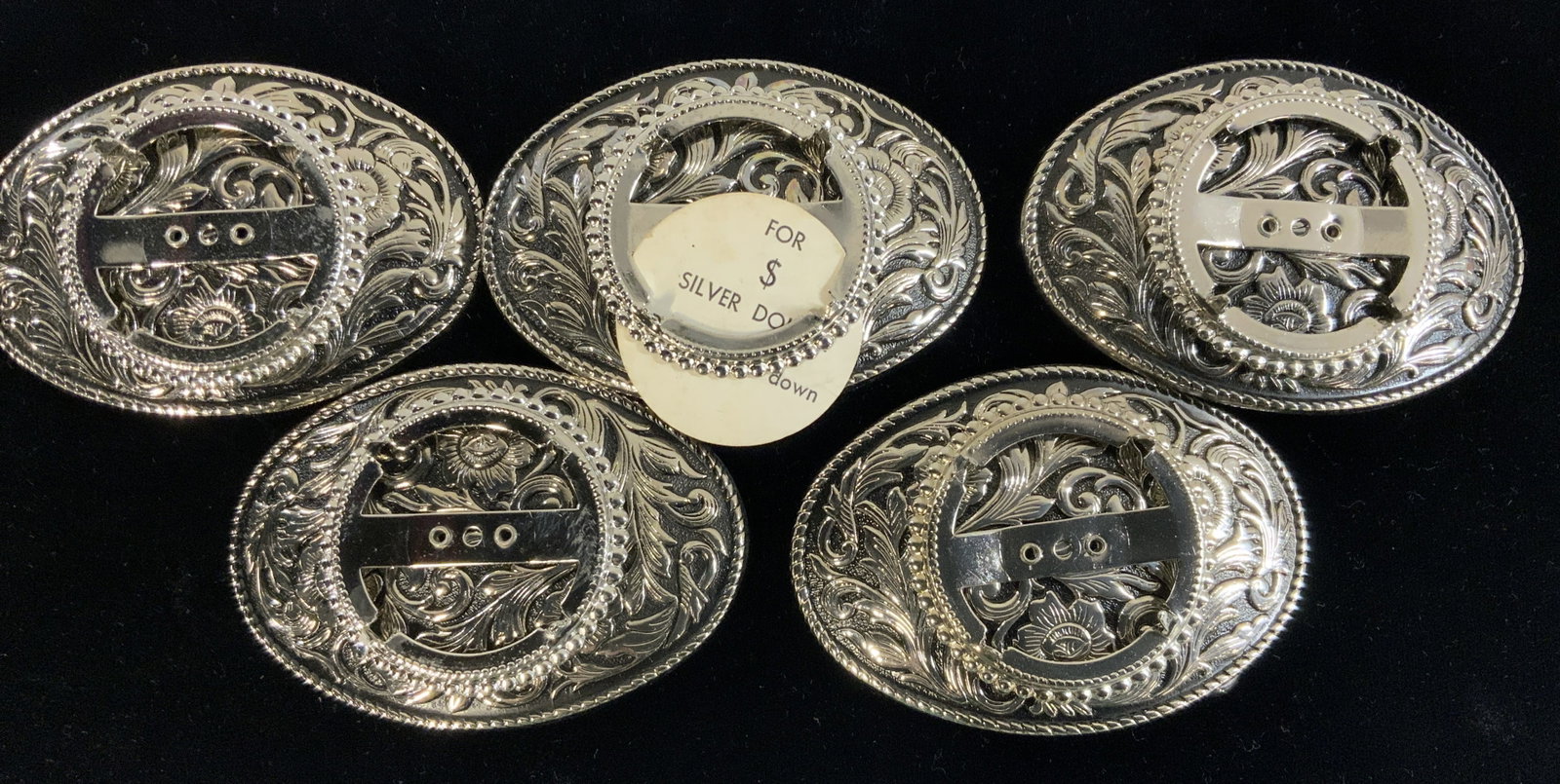 Set 5 Silver Tone Embossed Belt Buckles: 3.25 x 2.5 in. Oval belt buckles. Center raised prong to insert a silver dollar or something the size of a silver dollar as a decor., Accessories, belt buckle, mens and womens wearables, decorative ar