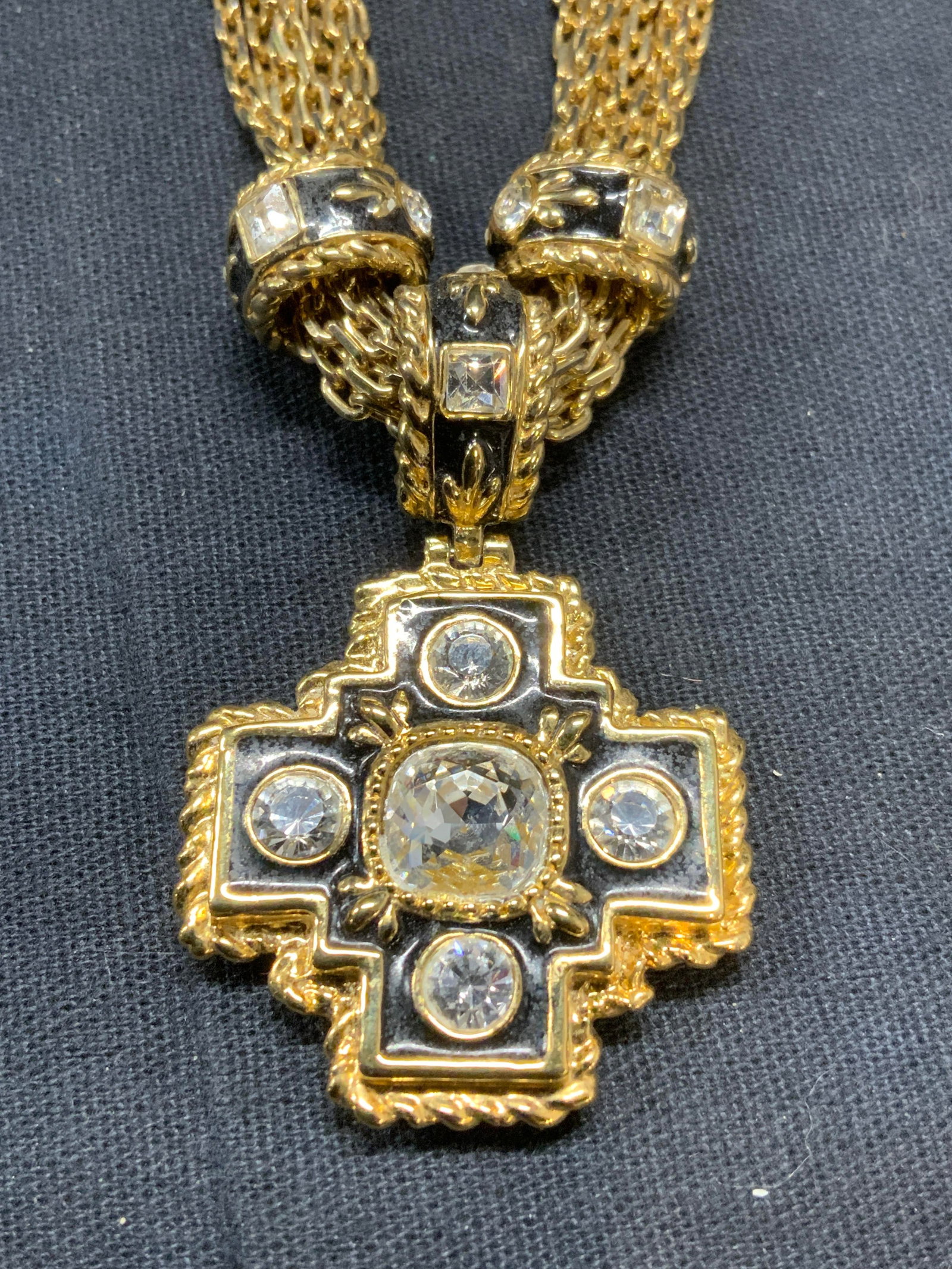 Vintage Gold Tn Enameled Crystal Pendant Necklace: Vintage gold tone multi chain pendant necklace with black enamel and colorless crystal decoration. Drop length approx. 8 inches. Some scratching observed. Chains need untangling. Estate jewelry, costu