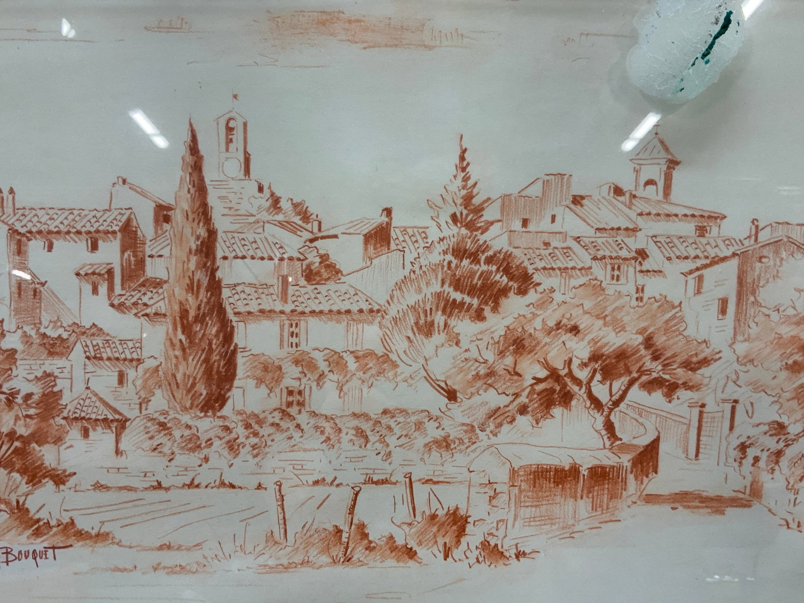 J.Bouquet Cityscape Sketch Silk Screen: Marked J.Bouquet Depicts a cityscape sketch in red tones, Framed in a gold leafed Wooden frame with white mat board. Approximately 16.5 x 20 inches window measures 9.25 x 13 inches Moderate wearing an
