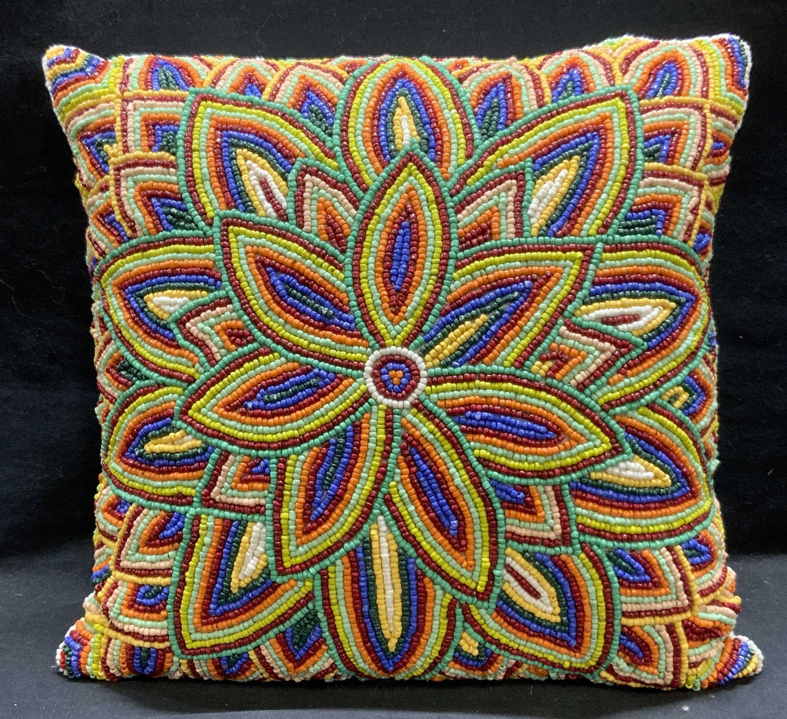 Multi Color Floral Beaded Pillow: Multi color beaded pillow with floral design. Cotton backing. Measures approx. 12.5 x 13 inches. Some wear to material consistent with exposure. Pillow, beaded pillow, decorative pillow, accent pillow