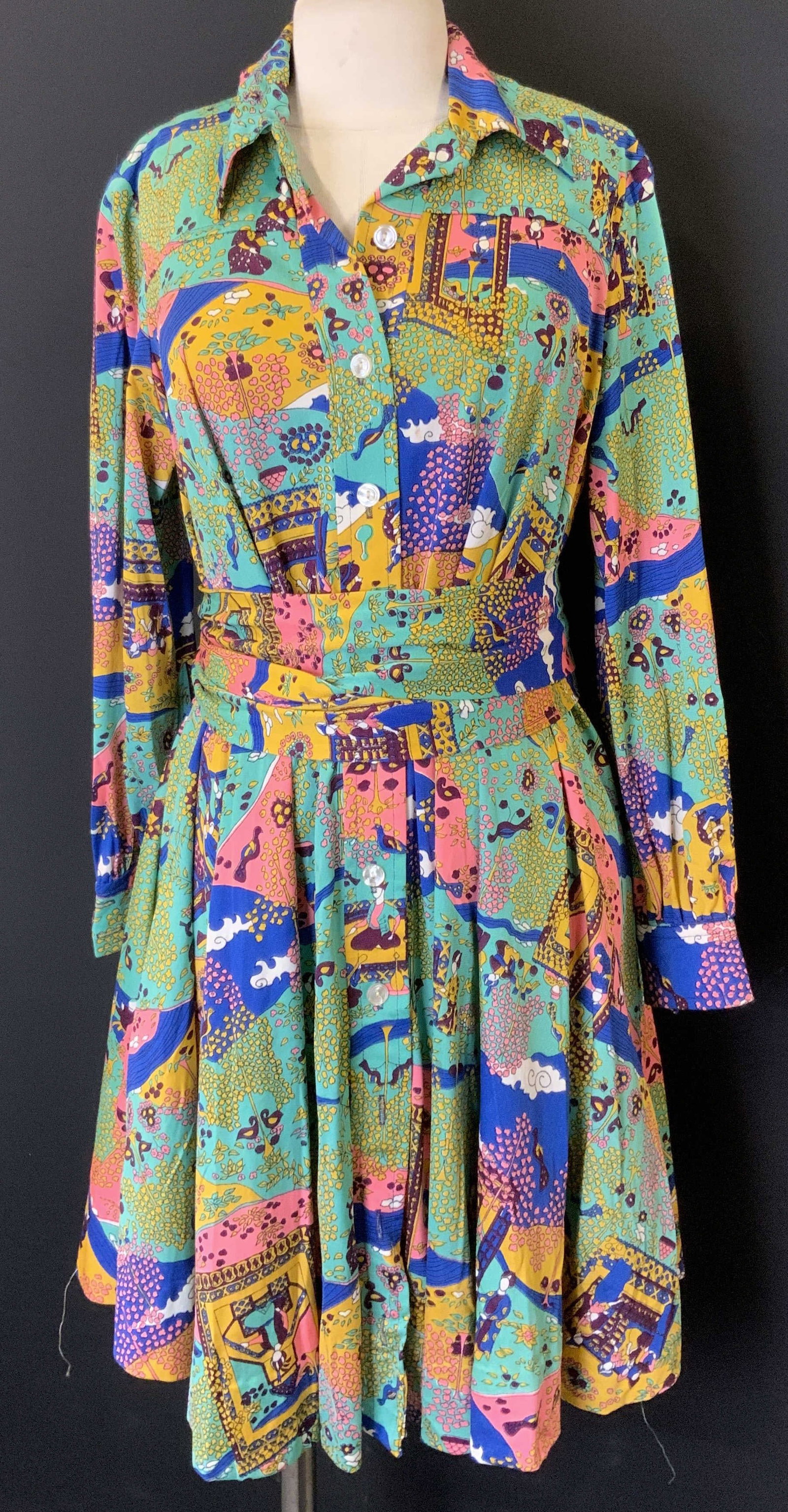 Asian Print Mid Century Dress + Belt, Handmade: Asian print dress, mid century clothing and custom made. Bright colorful Asian blossom treats, Figurals, lei-wen thunder and cloud pattern, more. Bright aqua, royal blue, bright pink, and yellow are m