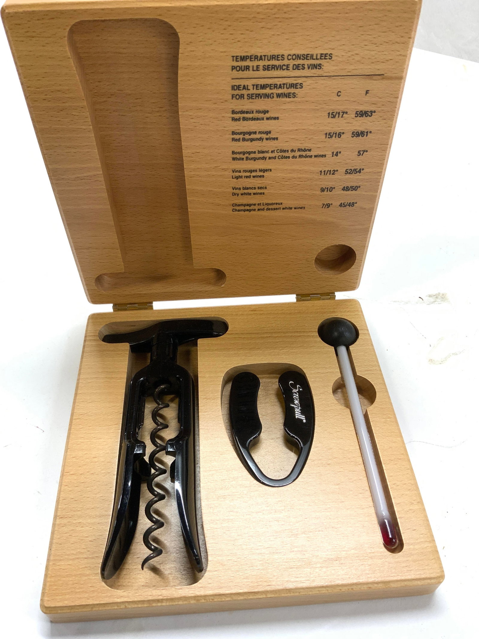 Scewpull Brand 3 Pc Barware Accessory Set in Box: 3 piece Scewpull set for wine. Screw & twist wine bottle opener ( 6 x 3 in.) , 4 wheel foil cutter / cork pull, and wine temperature thermometer. Listed wines and appropriate temperatures are listed o