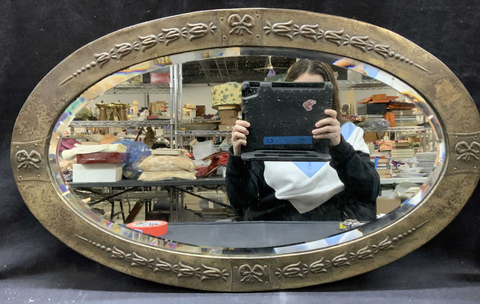 Vtg Embossed Metal Framed Beveled Glass Mirror (1 of 8)
