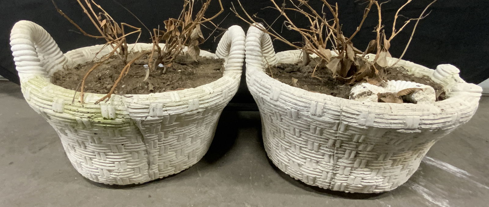 Pair Vintage White Cement Basket Planters (1 of 10)