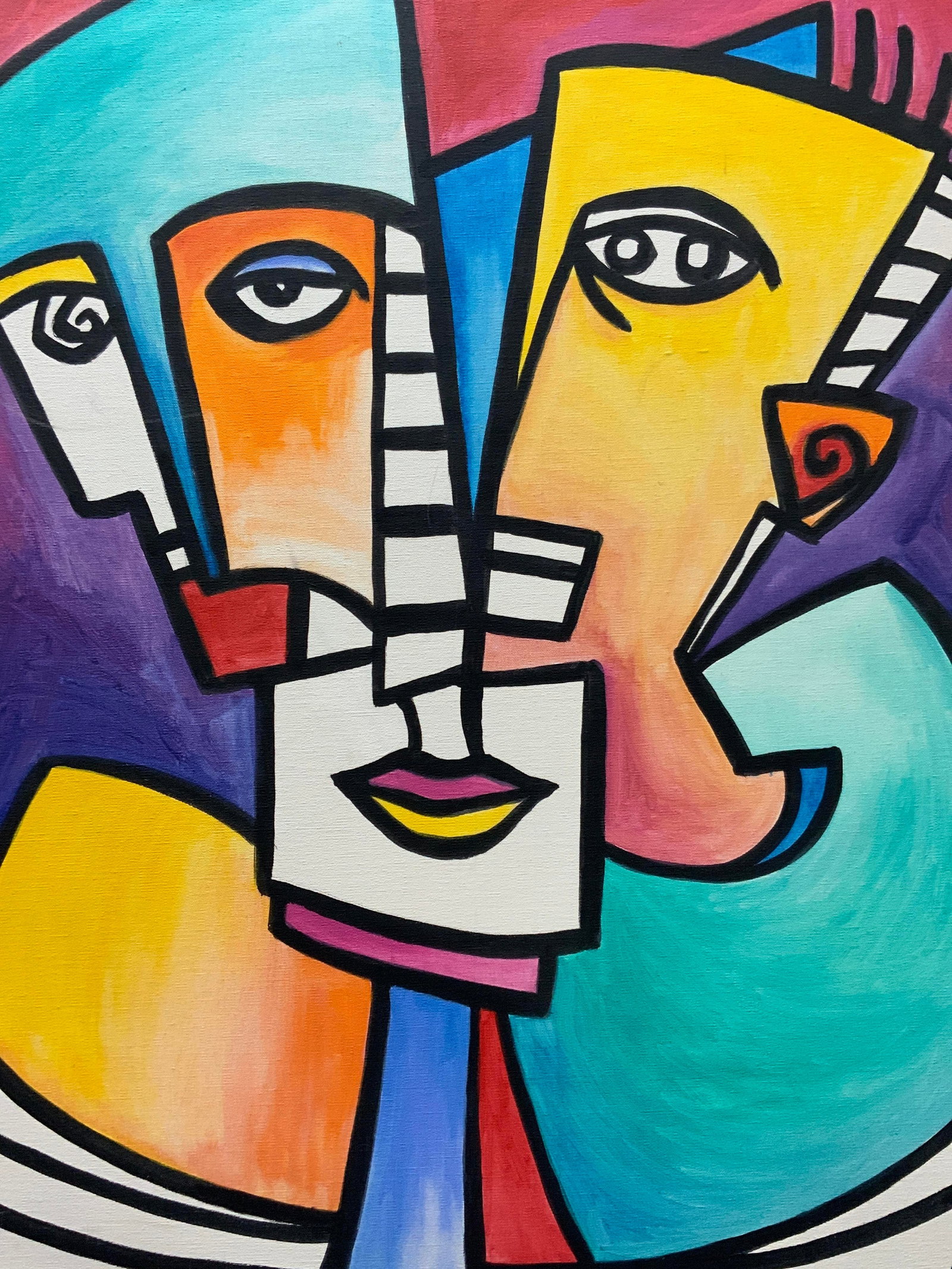 Morrison Sgd Cubist Style Oil Painting: Oil painting of a multiple heads forming into one head, in cubist style with color blocking. Signed Morrison 91, reading. No frame. Approximately 3ft x 3ft Moderate wearing to upper corner of canvas. 