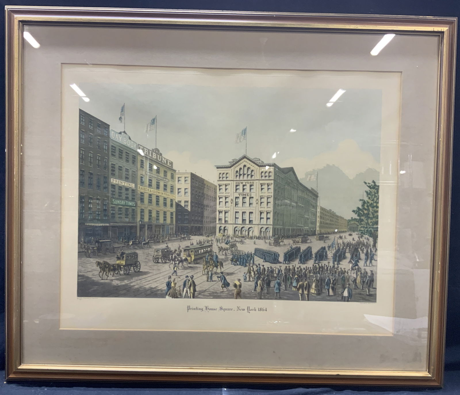 Printing House Square New York 1864 Aquatint: Antq Aquatint engraving, copyright by Sidney Lucas. Margin reads Printing House Square, New York 1864 Depicts the printing square with soldiers in a parade walking through the streets and the differen
