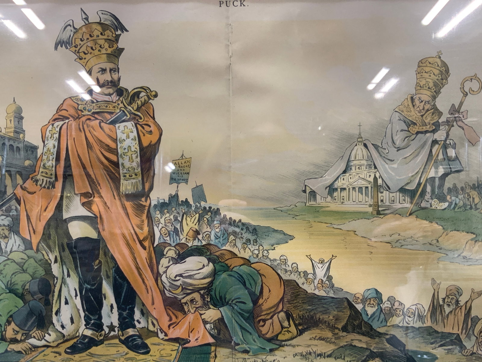 1898 Puck Magazine Political Illustration: Copyright 1898, J. Ottoman lith co. Puck Bldg Ny. marked Puck on upper margin and lower reads A modern crusade without fire and sword, will it end in a rival Establishment? Depicting the German Empero