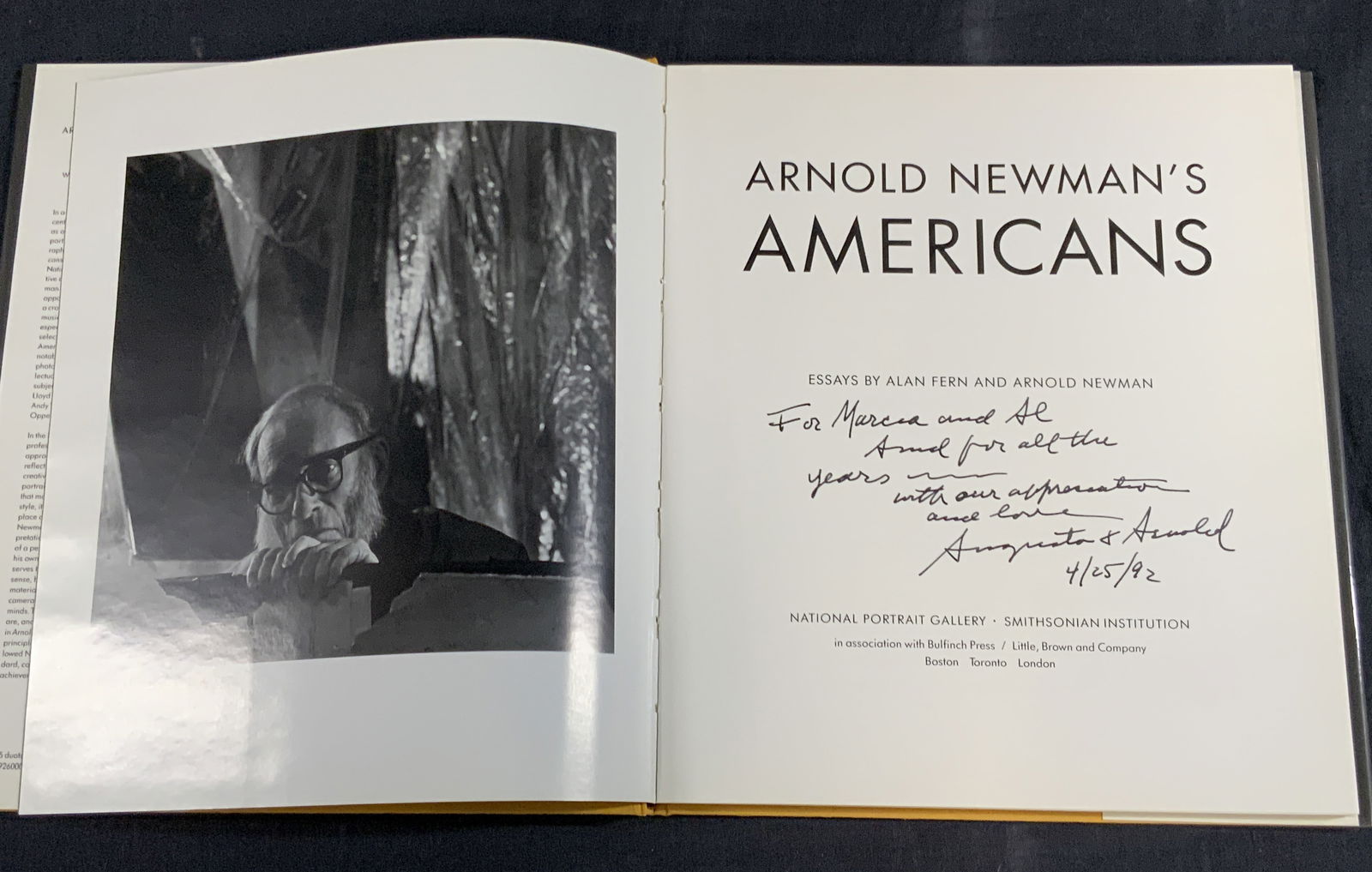 Arnold Newmans Americans Sgd 1992 Illust.Book: Signed on titled page in ink. Possibly reads For Marcia and Al, and for all the years with our appreciation and love, Augusta & Arnold. 4/25/92 Copyright 1992, Arnold Newmans, essays and photographs b