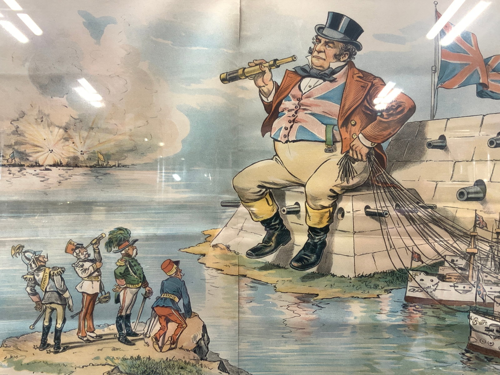 1898 Puck Magazine Political Illustration: Copyright 1898, J. Ottoman lith co. Puck Bldg Ny. marked Puck on upper margin and lower reads Satisfying their Curiosity, the continental powers- what are you doing there? John Bull- Oh nothing nothin