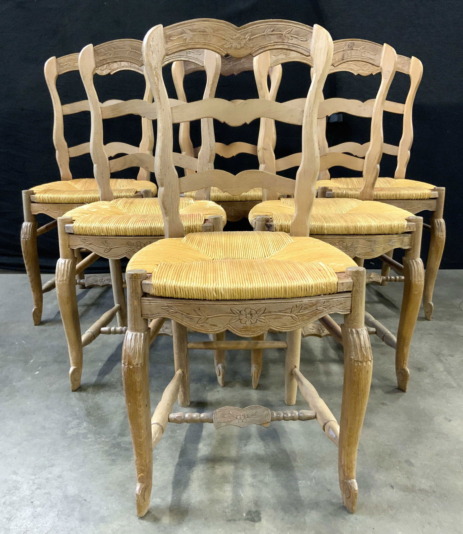 Antq 6 Country French Wood Dining Chairs Rush Seats: Lot includes 6 dining chairs. Each appear to be antique possibly vintage. Chairs are each wooden with ladder backrests. Chairs each have box stretchers in between legs. Tops of backrests each have flo