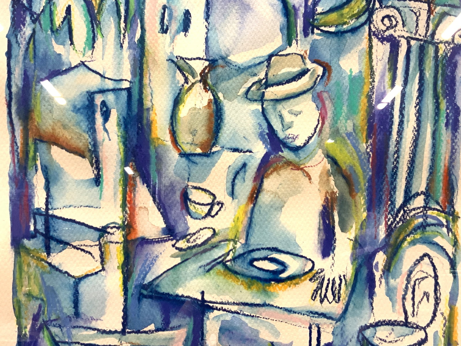 Morrison 1998 Sgd Pastel & Watercolor On Paper 28i: Signed on lower right corner Morrison, 1998. Breakfast near your house. Depicts a man seated at a table with floating coffee cup and banana and surrealist?s background. Framed in a tan toned wooden fr