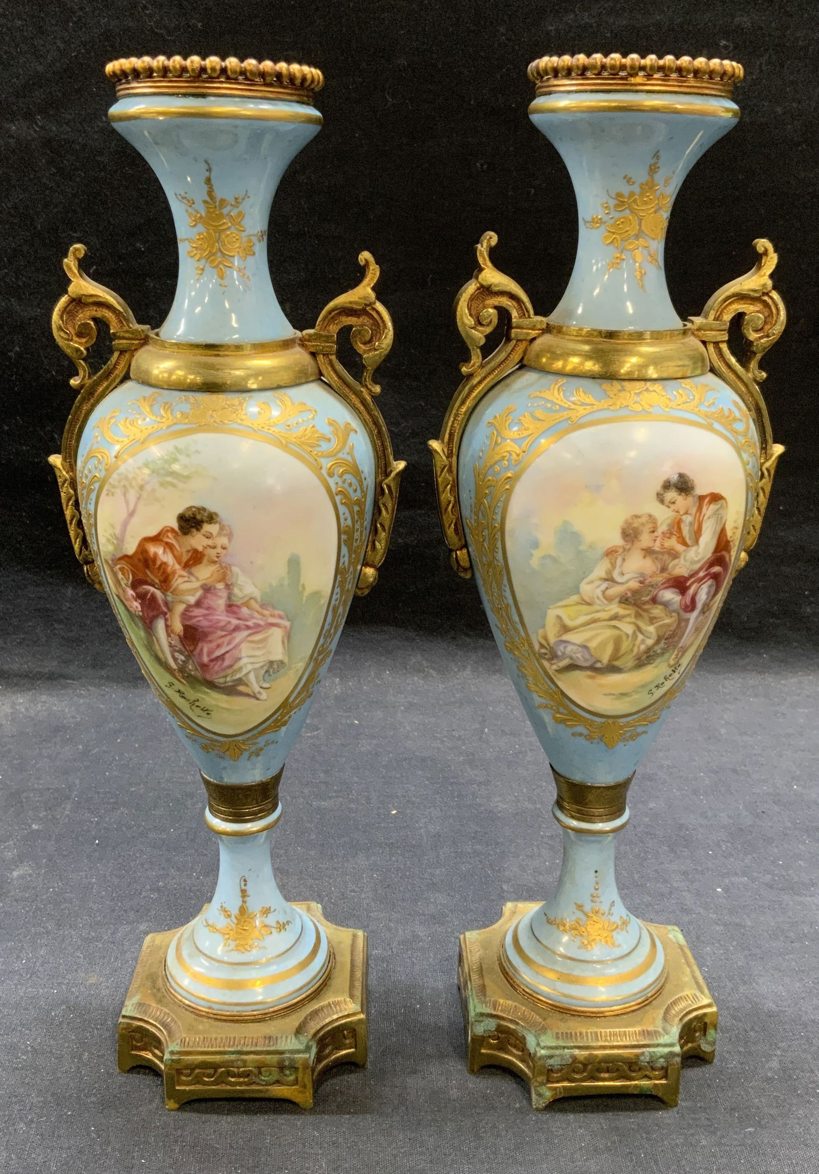 Pair Signed Antique Gilt Porcelain Urns, France (1 of 9)