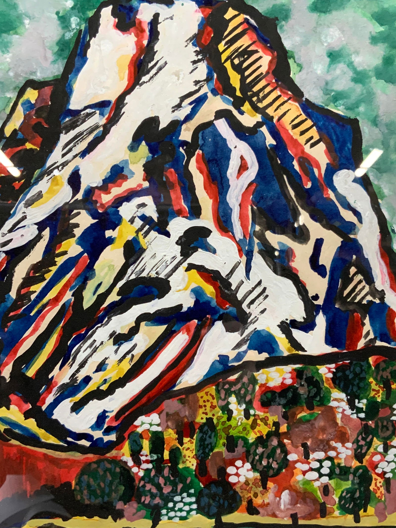 Attr T.Kataoka Sgd Gouache Mountain Painting: Signed on lower left corner T.Kataoka Gouache painting on paper depicting a towering mountain in tones of blues, reds and whites over a forest. Framed in a wooden frame with green mat board, approx 17