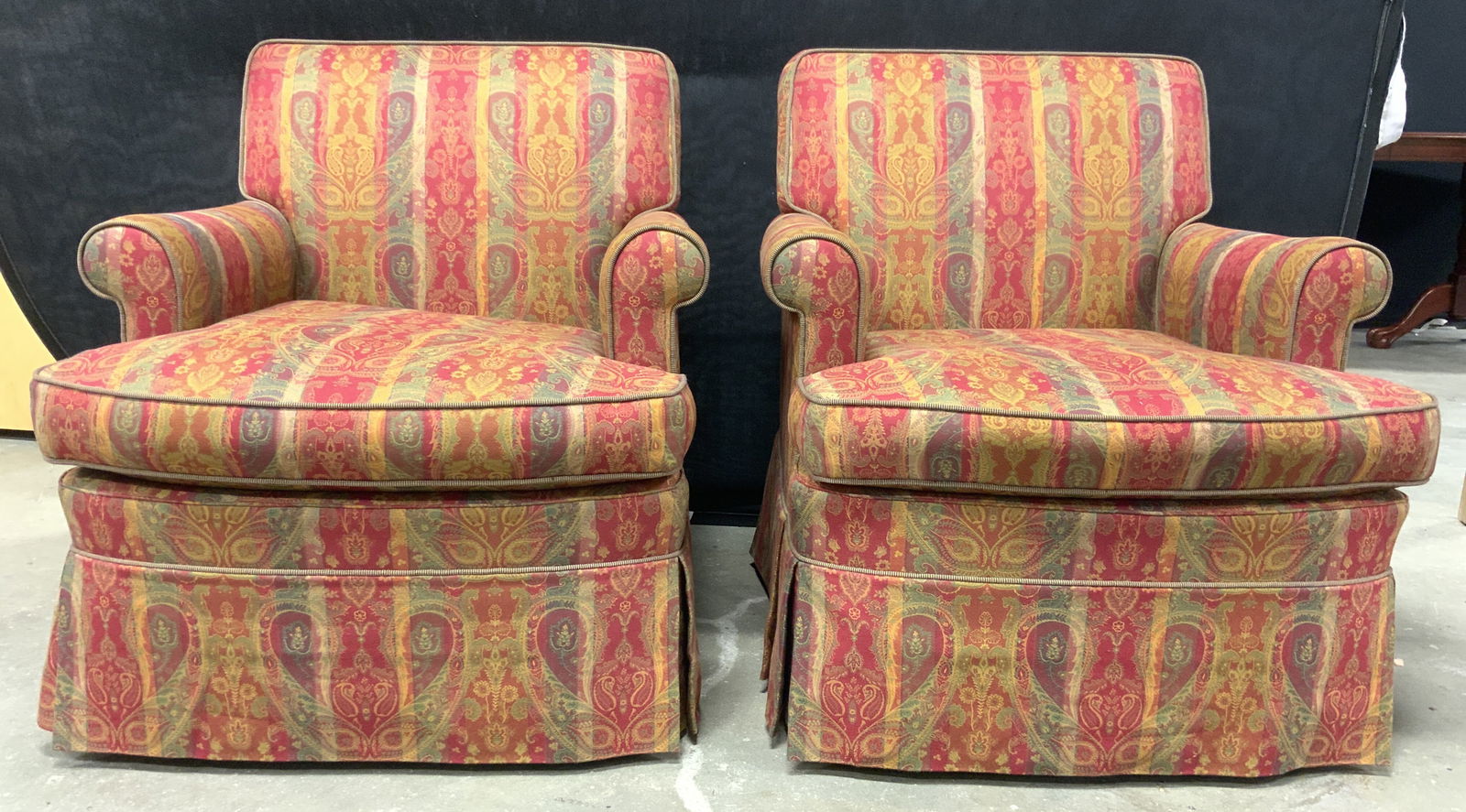 Pr Skirted French Armchairs W Custom Upholstery (1 of 9)