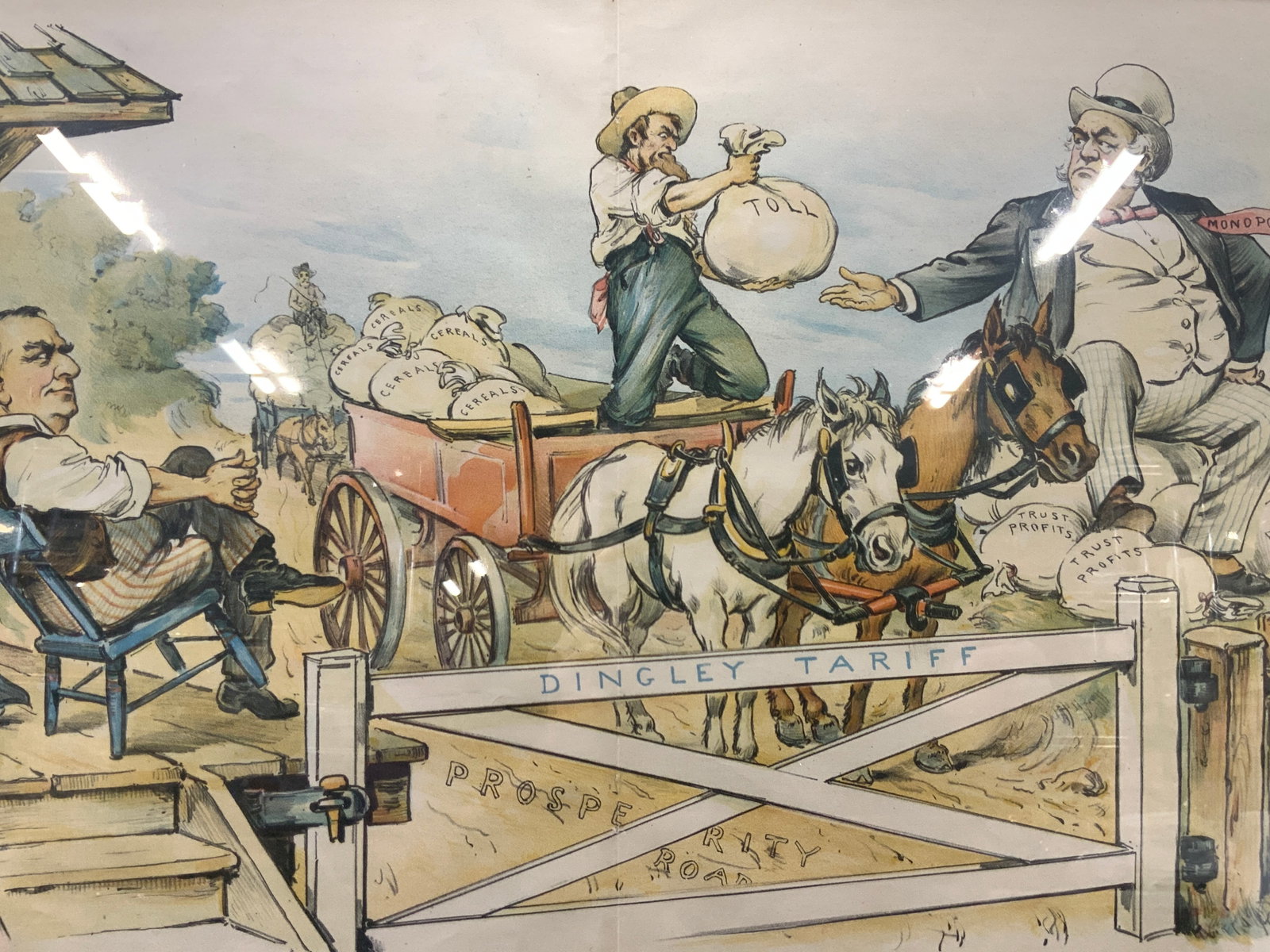 1897 Puck Dingley Tariff Political Illustration: Copyright 1897, J. Ottoman lith co. Puck Bldg Ny. marked Puck on upper margin and lower reads The Keepers at the Gate Depicting a farmer behind a gate marked Dingley tariff, and handing over a toll ba