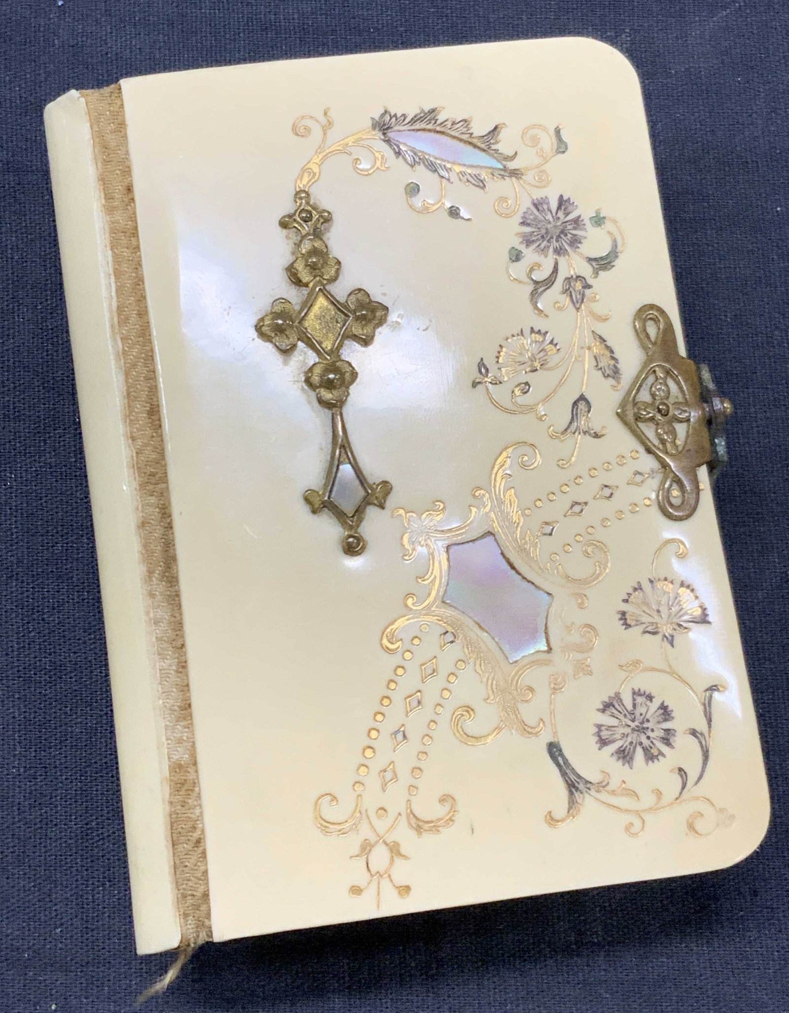 1890 Carved Bone & Shell Germany Prayer Book: Marked on title page October 20th, 1890. Prayer and edification booklet, from the New York catholic publishing house and nunnery. Carved bone exterior cover adorn with a brass cross and latch with aba