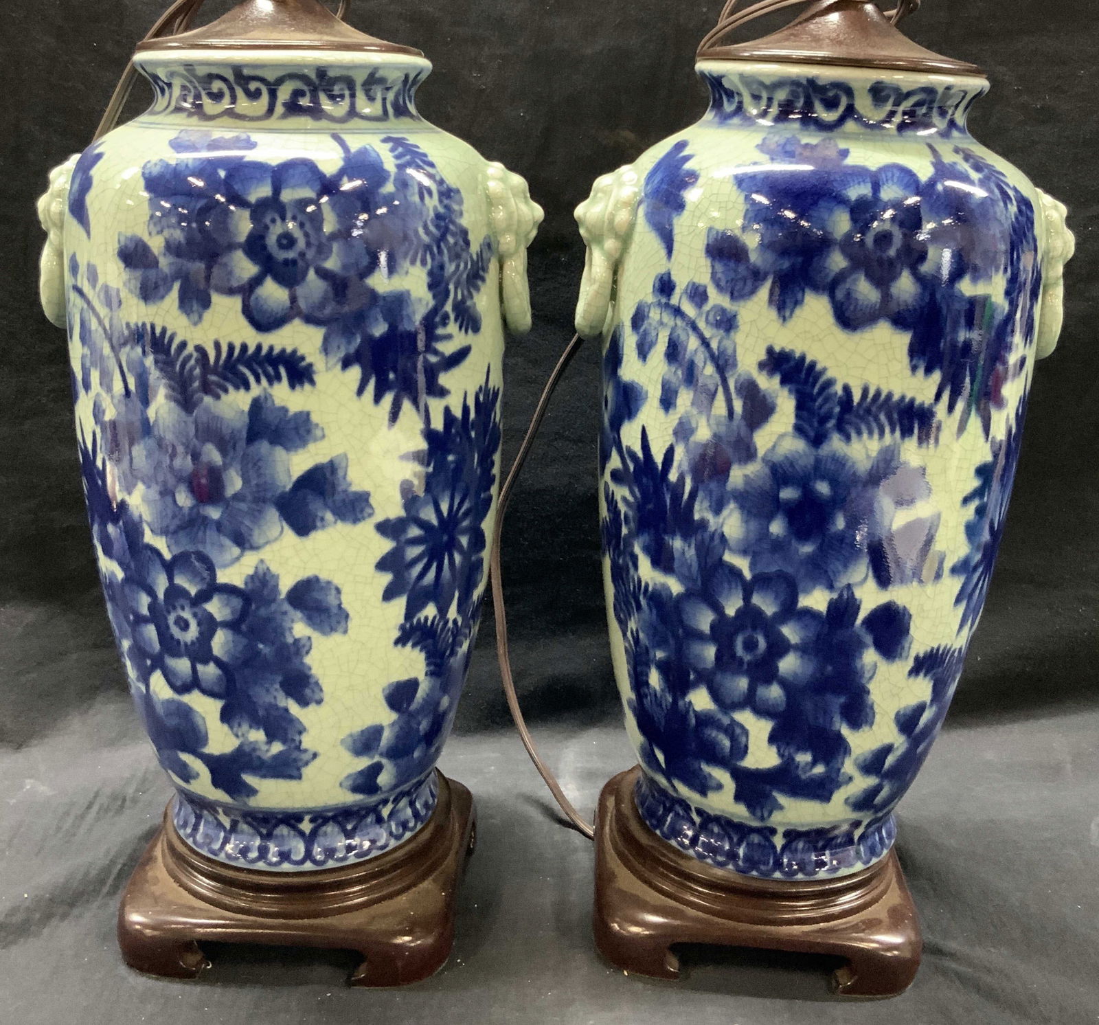 Pr Asian Ceramic Blue Floral Lion Head Lamps (1 of 9)
