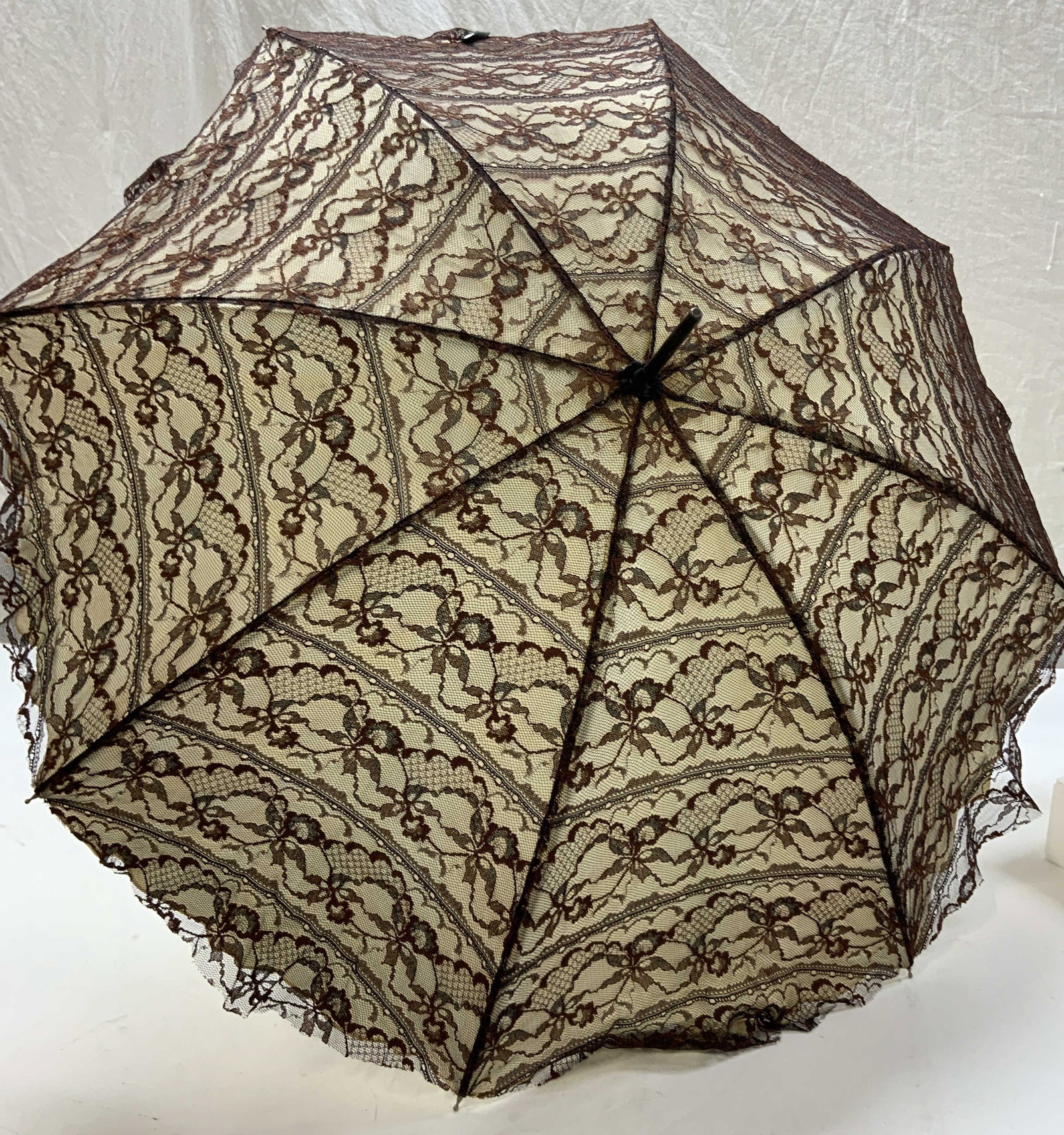 Vintage Lace Covered Parasol: Vintage brown lace parasol over nylon. Folds and has button and loop closure. 30.5 in. Long. Handle 10.5 in. Long. 27 in. Wide. Ladies Accessories, Parasol, Vintage Victorian Style Sun Umbrella, Colle