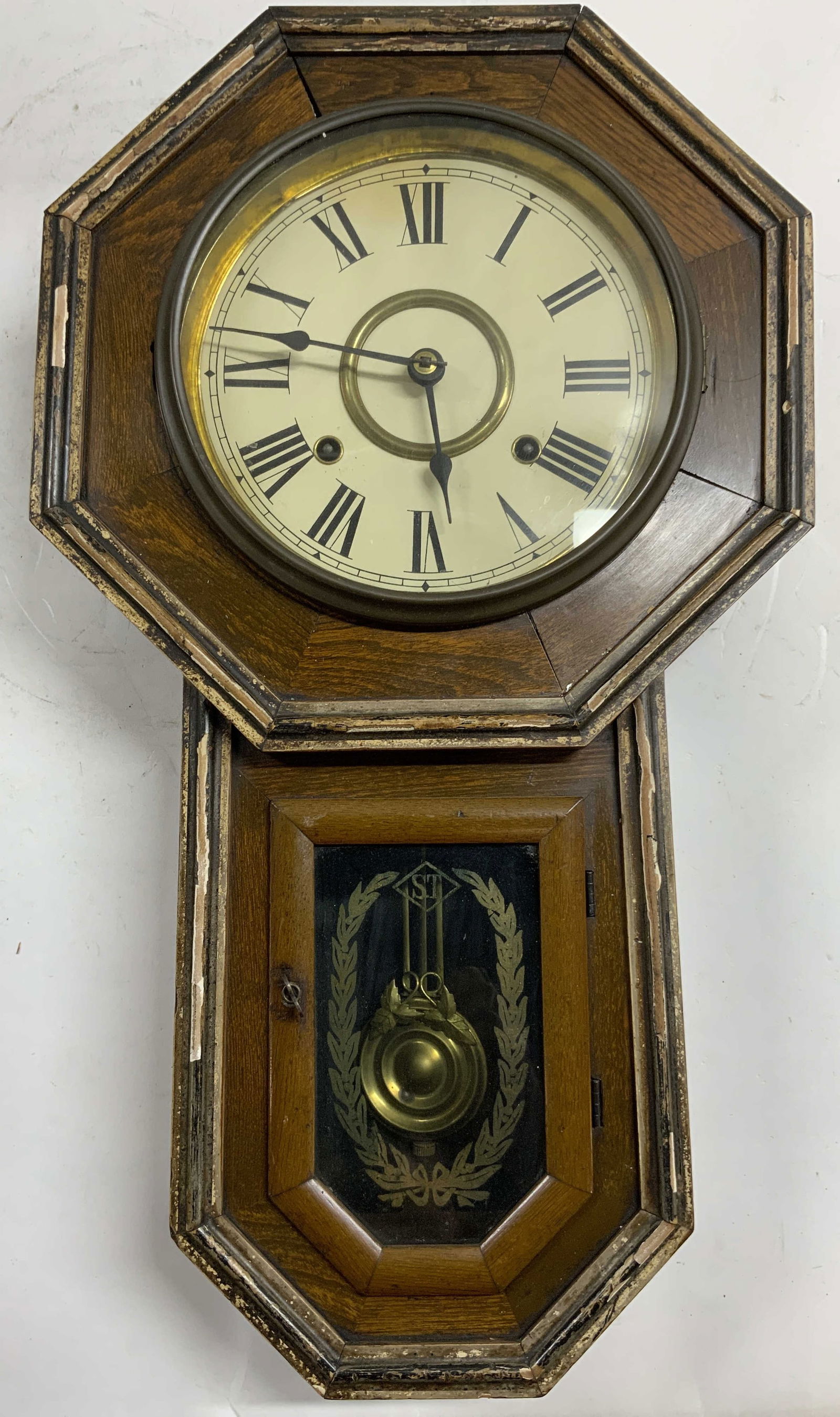 AICHIKEN CLOCK MAKERS UNION Vtg Wood Wall Clock: Label On Backside reads AICHIKEN CLOCK MAKERS UNION. Clock is vintage and wooden. Clock face is cream with black toned Roman numerals & hands. Clock face window and lower window opens. Low window has