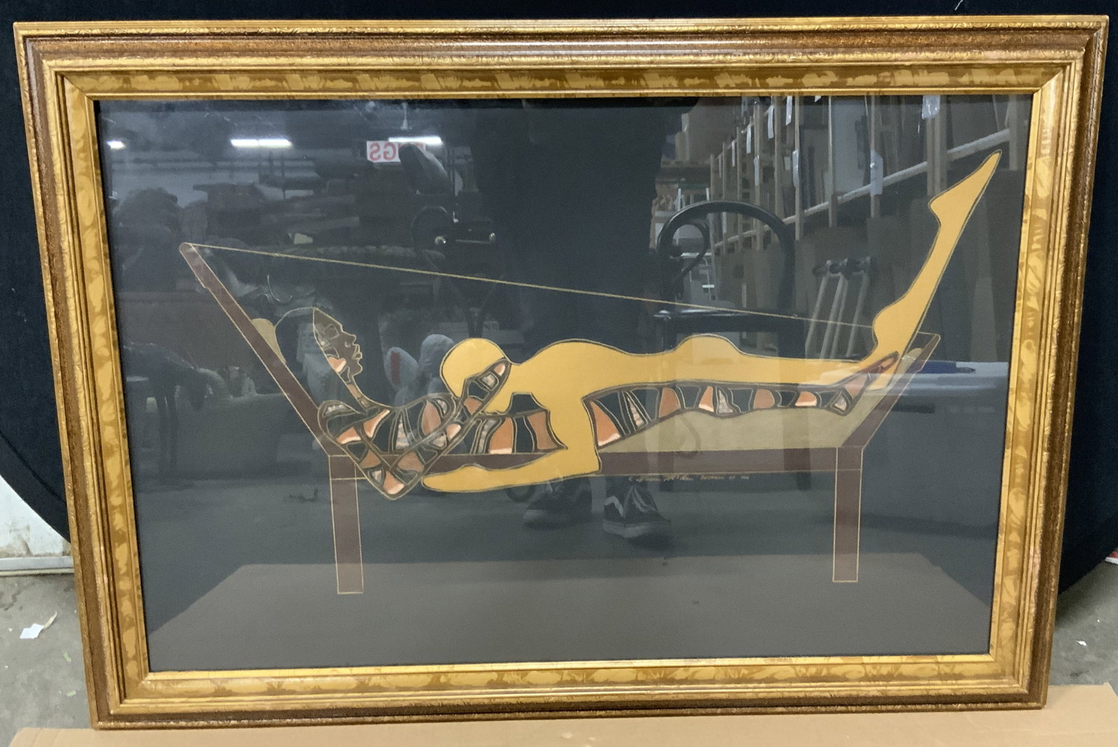 Sgd Dreaming Of You Mixed Media Paper Cut Out 41in: Paper cut out and mixed media drawing of a woman laying in bed with a gold toned image of a male figure laying with her. Signed on lower right edge of image, illegible, possibly reads Louva McLean. Da