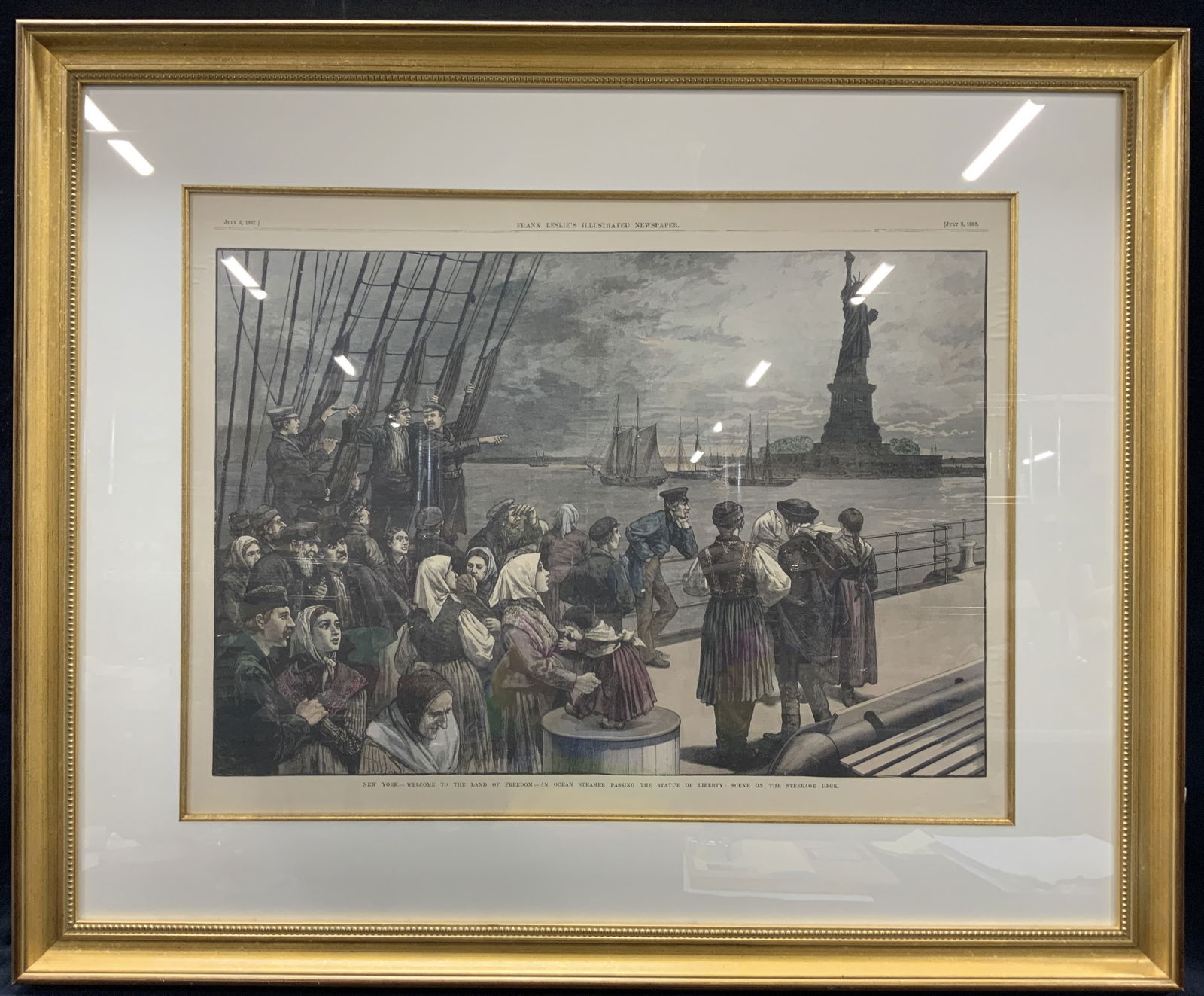 1887 Frank Leslie Illustr. Newspaper Etching: Marked 1887 Frank Leslie illustrated newspaper, July 2.1887. Margin reads New York , welcome to the land of freedom, an ocean steamer passing the statute of liberty scene on the steerage deck. Depicti