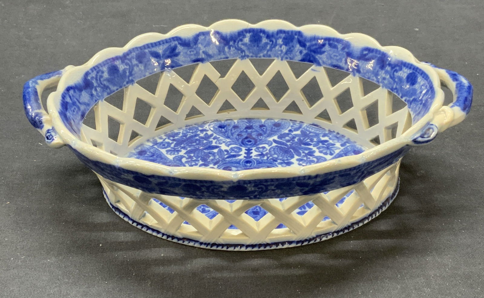 Antq Blue & White Ceramic Floral Basket (1 of 6)